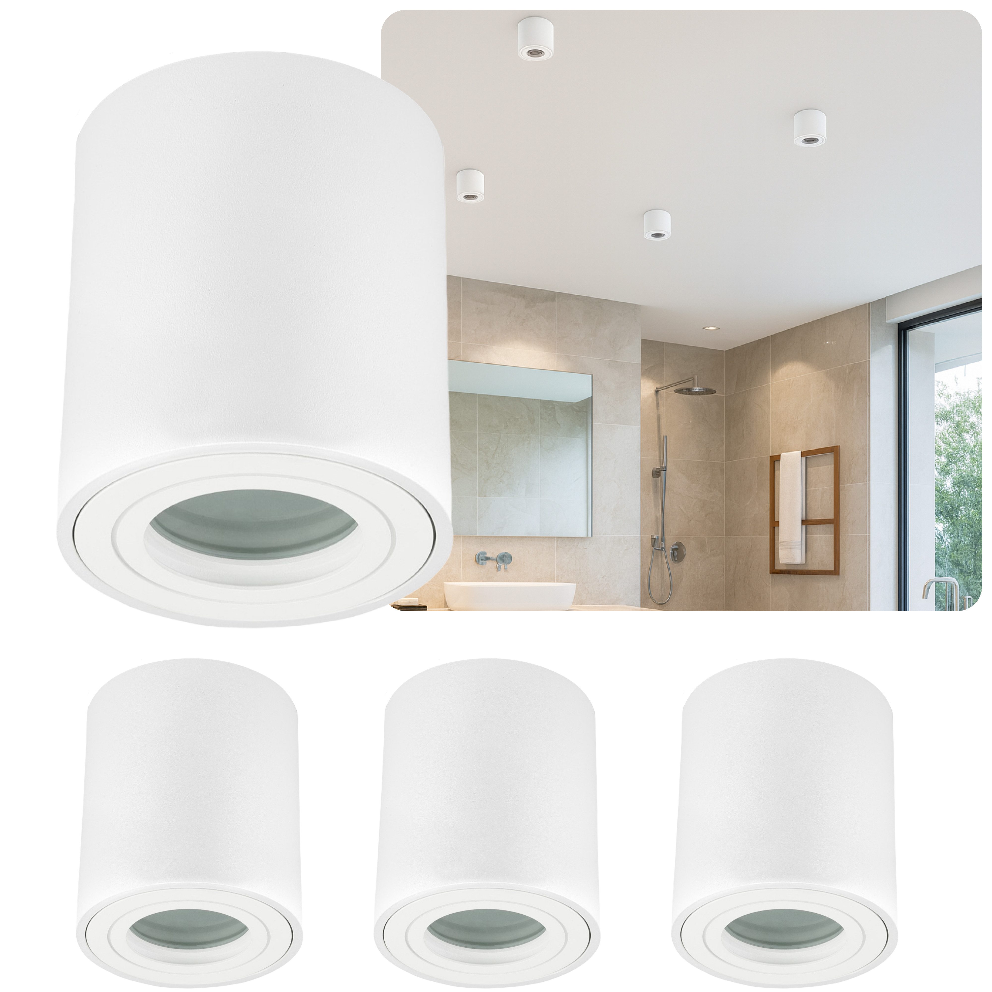 Sweet LED Aufbauleuchte 4er Set GU10 Alu Deckenspots IP44 Badezimmer weiß 230V, spritzwassergeschützt, ohne Leuchtmittel, Aufbaustrahler LED, Aufbauspot, Deckenstrahler