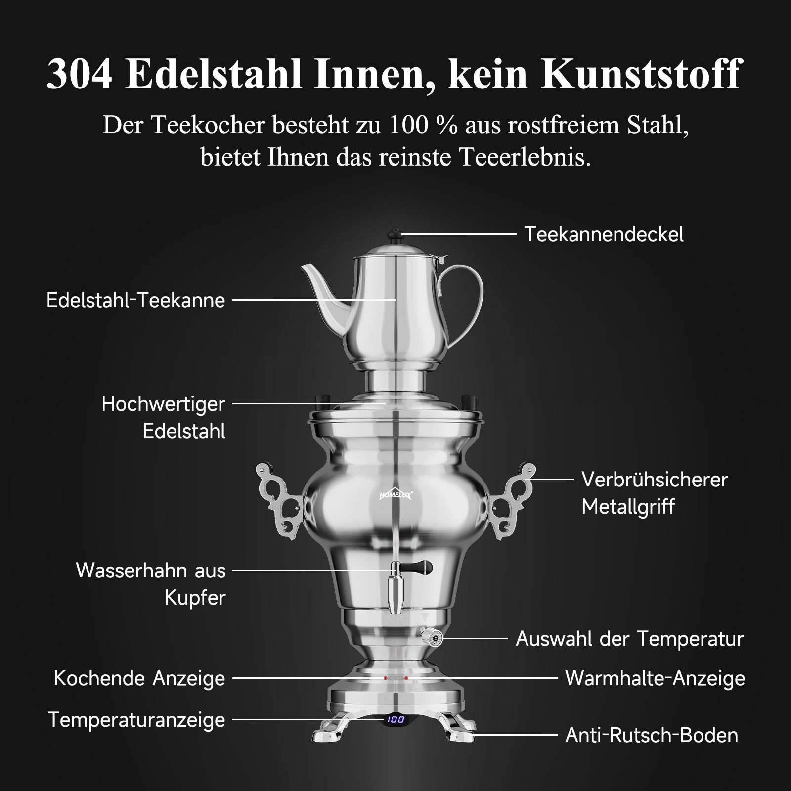 HOMELUX Samowar Teekocher Edelstahl Teeautomat 2in1 Teemaschine mit Teekanne, 5 l, 1850 W