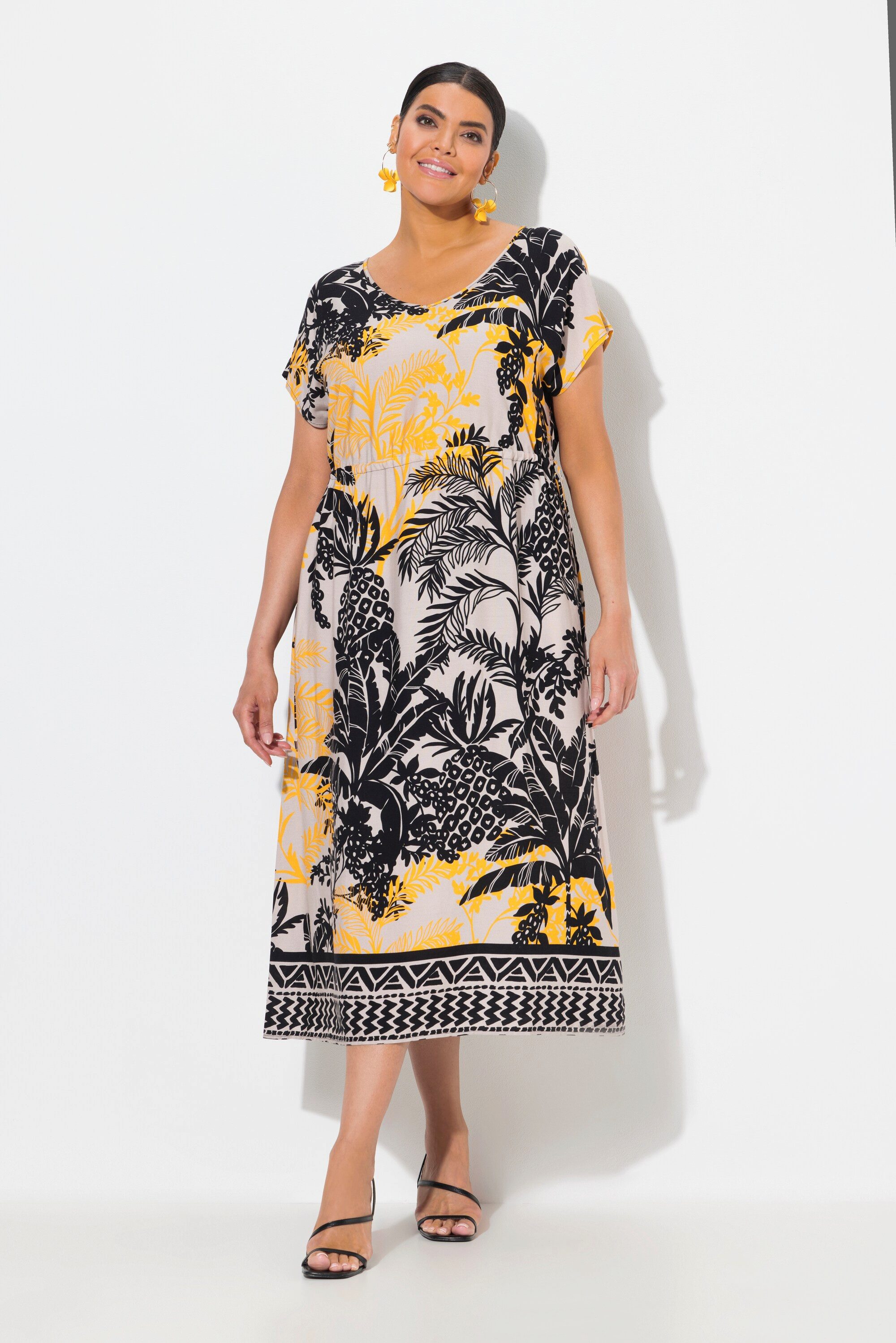 Ulla Popken Maxikleid Maxikleid Palmen V-Ausschnitt Tunnelzug ärmellos