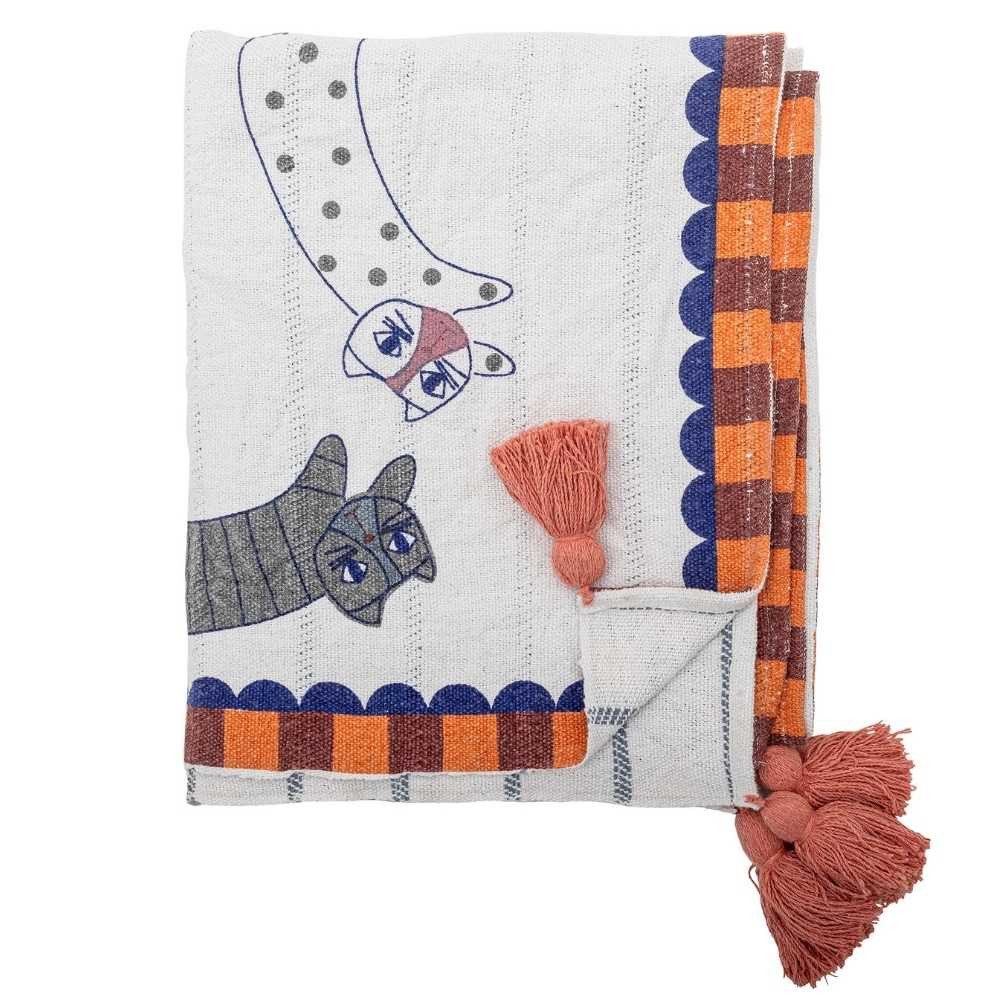 Wohndecke Bloomingville Decke MISSY Weiß mit Katzen und Quasten 160x130 cm, Bloomingville