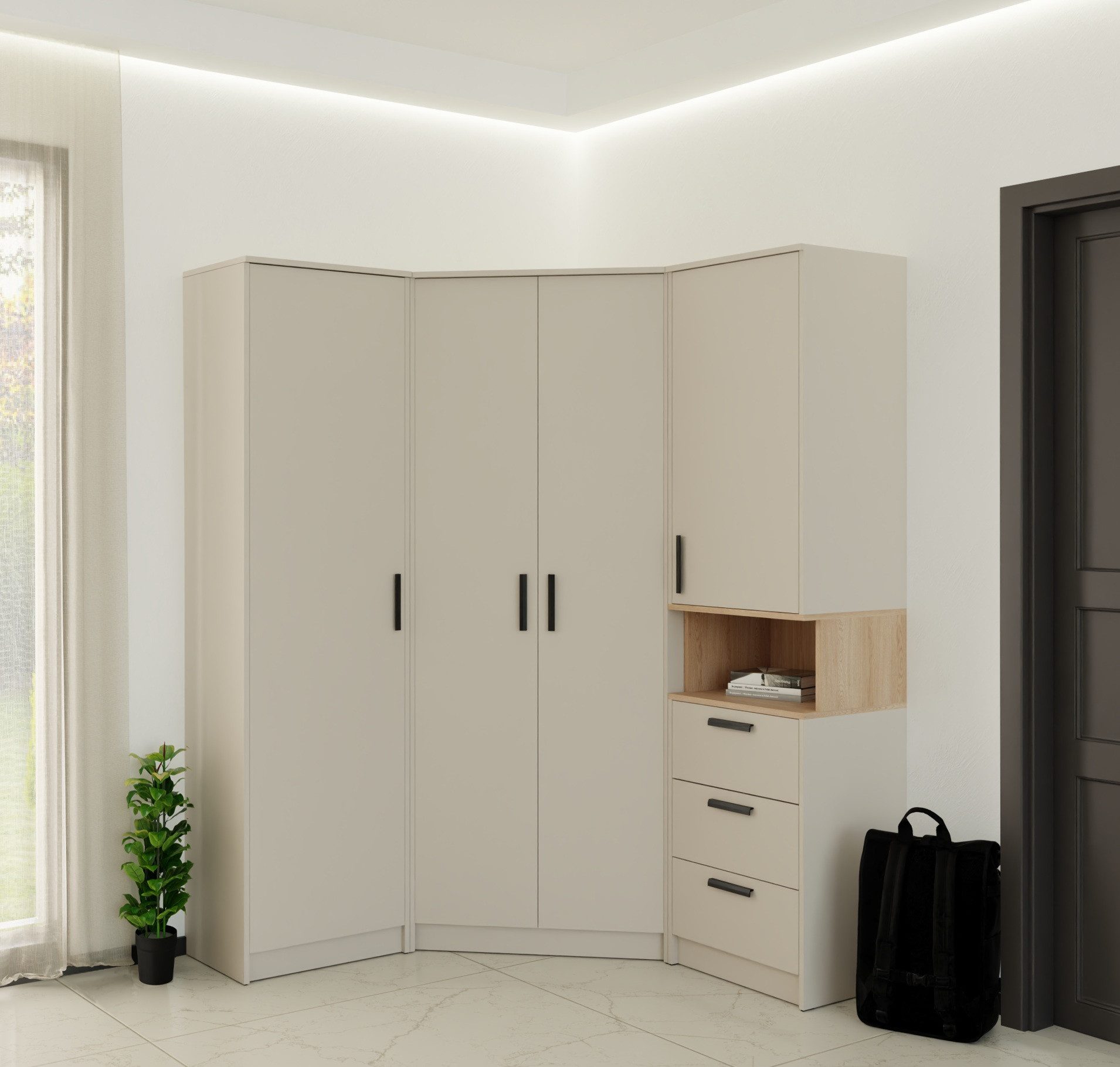 Marmex Möbel Kleiderschrank GRANT SET 45C Eckkleiderschrank Drehtürenschrank Regal (3-St) Scharniere-Soft-Close, Schubladen, ausziehbare Kleiderstange