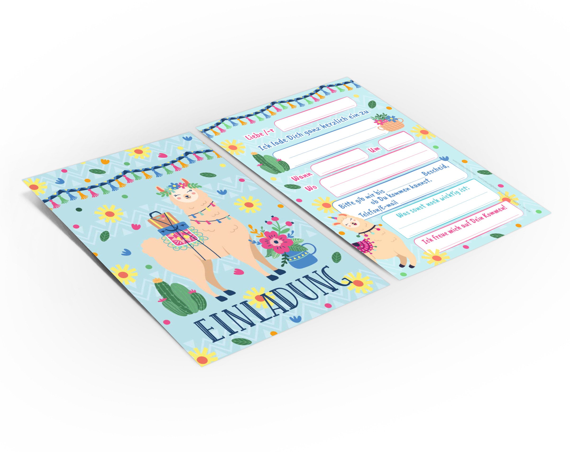 JUNAPACK Einladungskarten Lama Einladungen zum Kindergeburtstag Mädchen Karten Alpaka Tiere, Einladungskarten mit einem Lama Motiv für Kinder