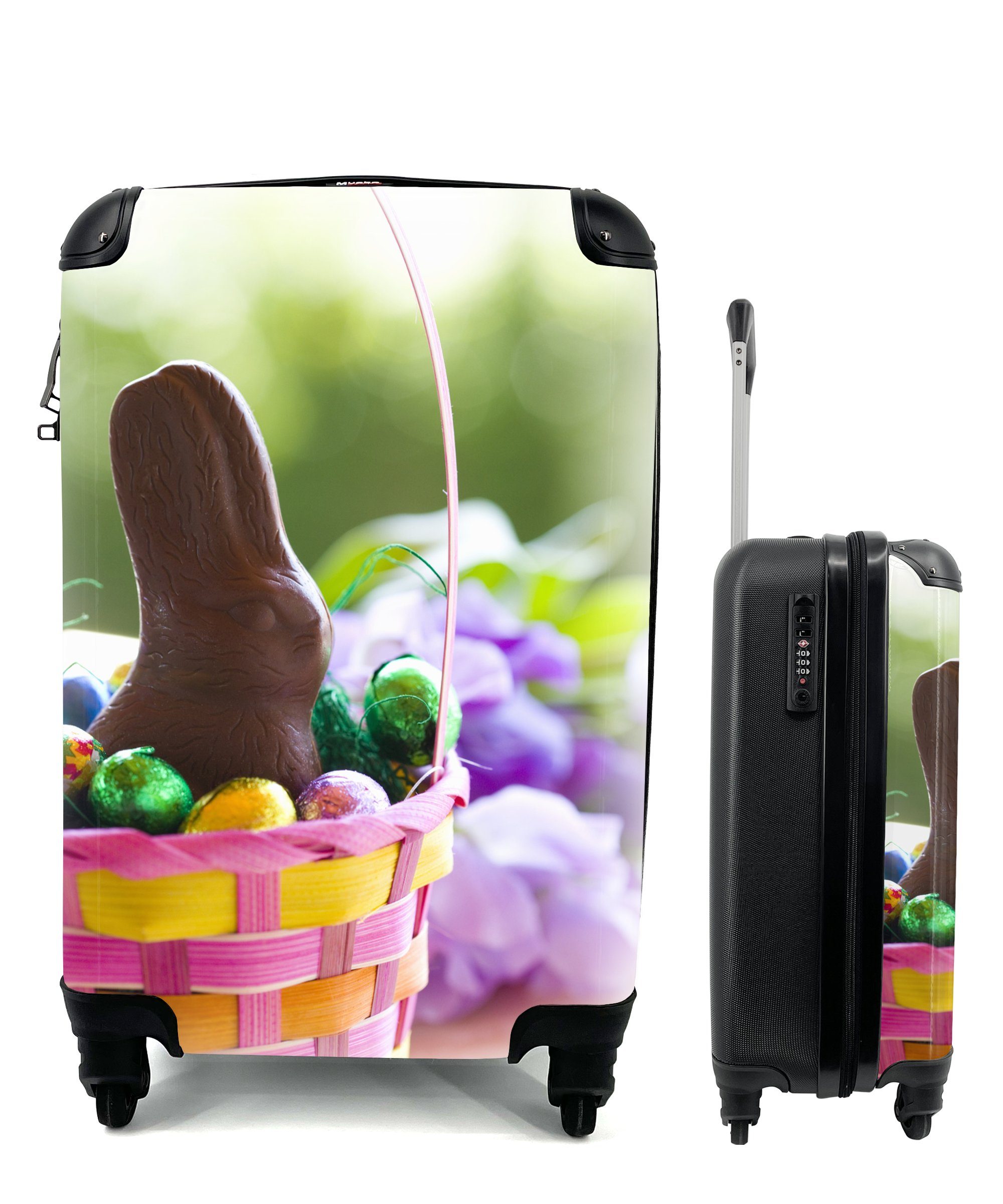 und 4 in MuchoWow Ferien, Schokoladenosterhase für Handgepäck Reisetasche Eier Rollen, mit einem Trolley, Handgepäckkoffer rollen, Reisekoffer Korb,