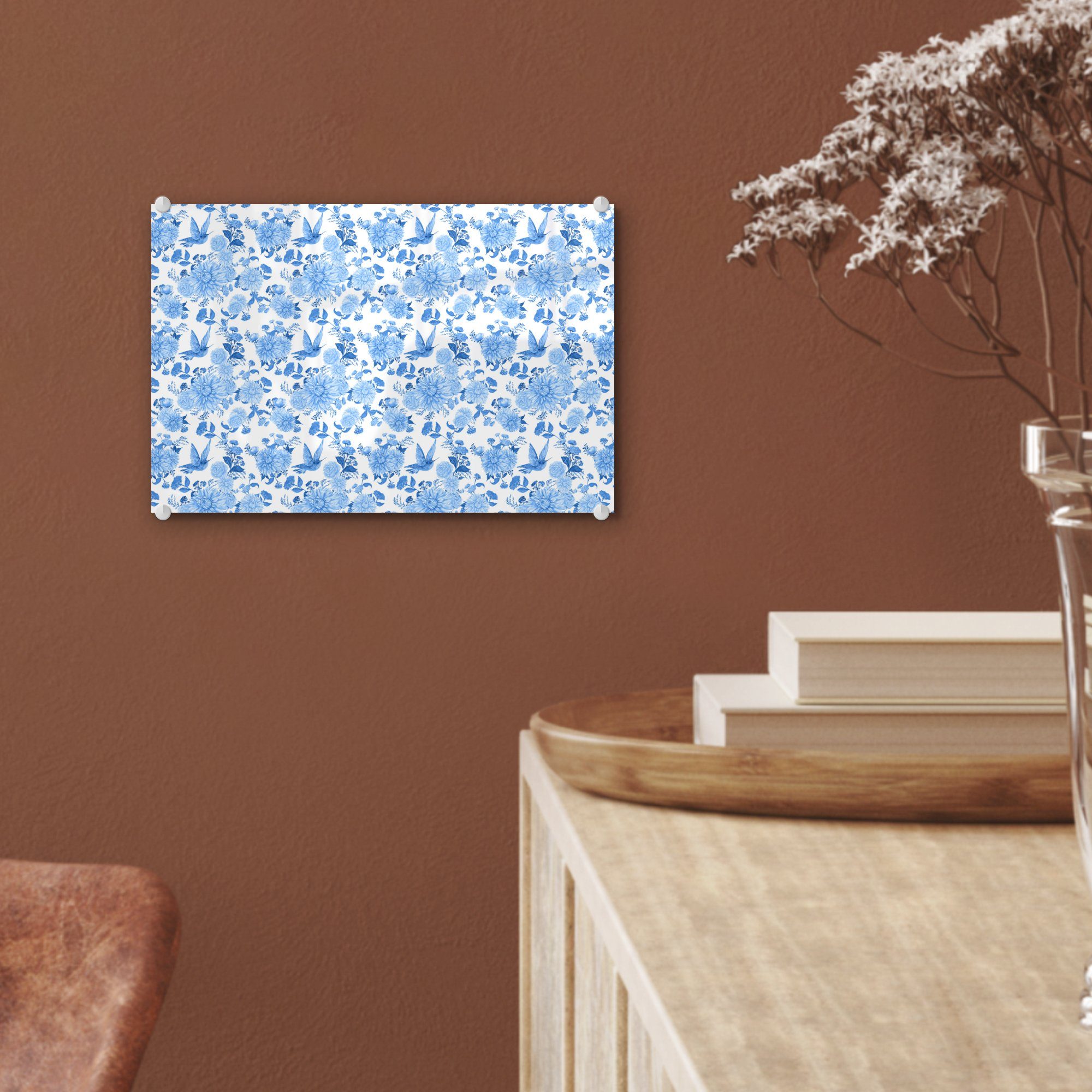 MuchoWow Acrylglasbild Blumen - - - Wandbild auf Glas auf Glasbilder Bilder St), Rosen (1 Blau Muster, Wanddekoration - - Glas Foto 