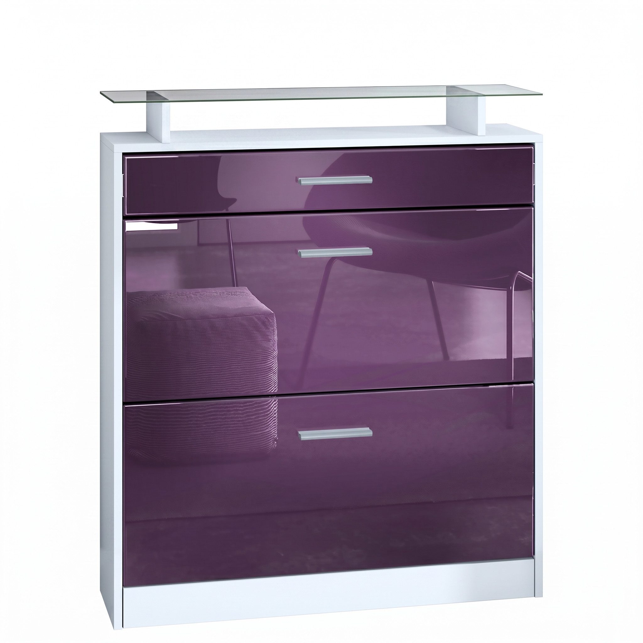 Vladon Schuhschrank Loret (hängender Schuhkipper für 16 Paar Schuhe, mit 2 Klappen und 1 Schublade und Glasablage) Weiß matt/Brombeer Hochglanz (89 x 104 x 23 cm)