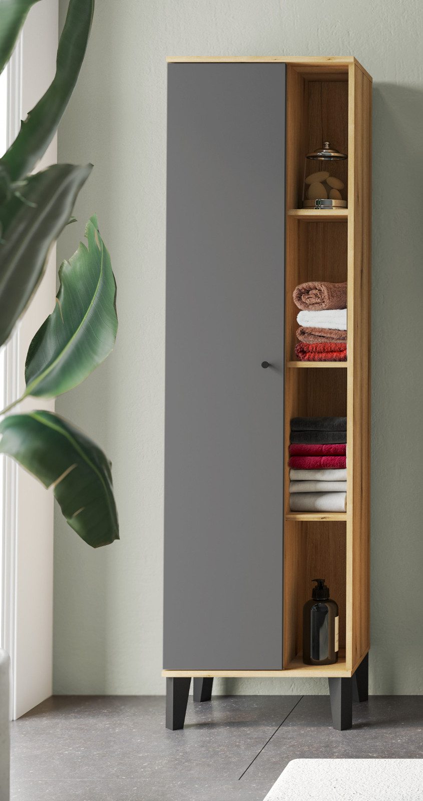 Furn.Design Hochschrank Torsby (Badschrank in Evoke Eiche mit matt grau, 51 x 190 cm) mit 9 Fächern