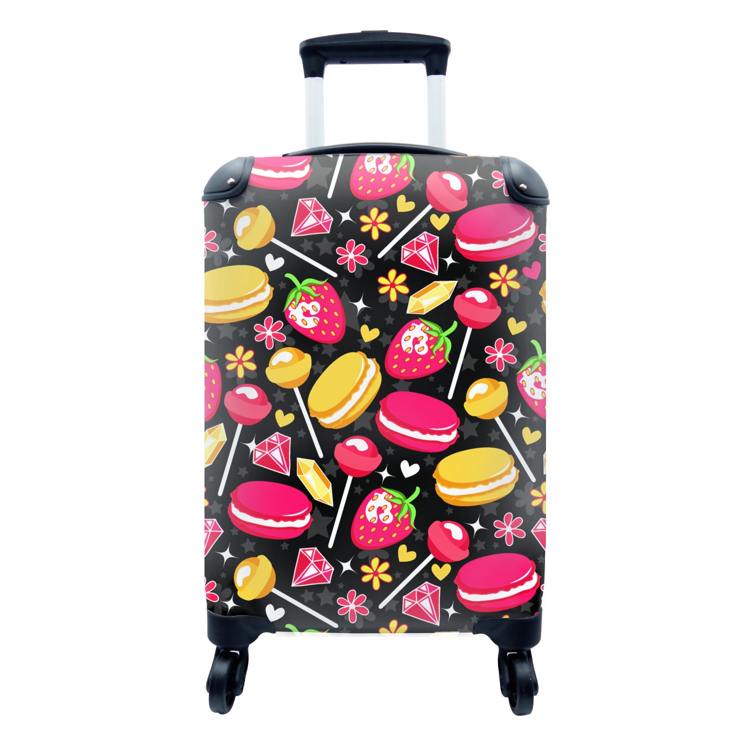 MuchoWow Handgepäckkoffer Süßigkeiten - Muster - Erdbeere, 4 Rollen, Reisetasche mit rollen, Handgepäck für Ferien, Trolley, Reisekoffer