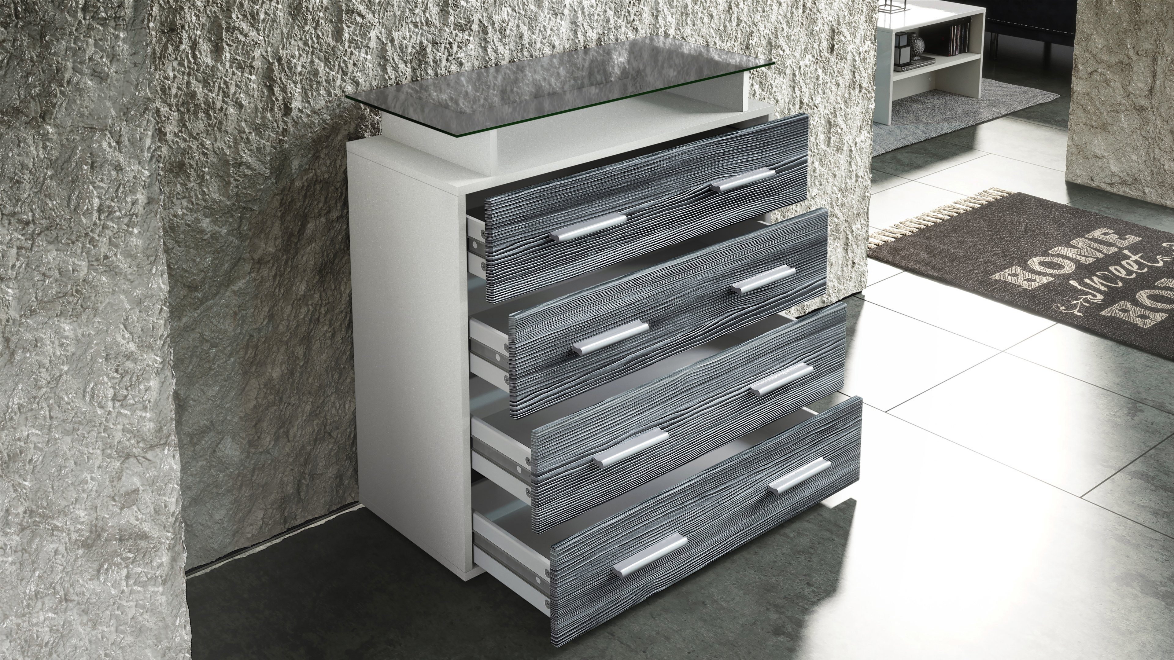 Vladon Kommode Pavos V2 (Kommode, mit 4 Schubladen und Glasablage), Weiß matt/Schwarz Hochglanz (76 x 81 x 35 cm)