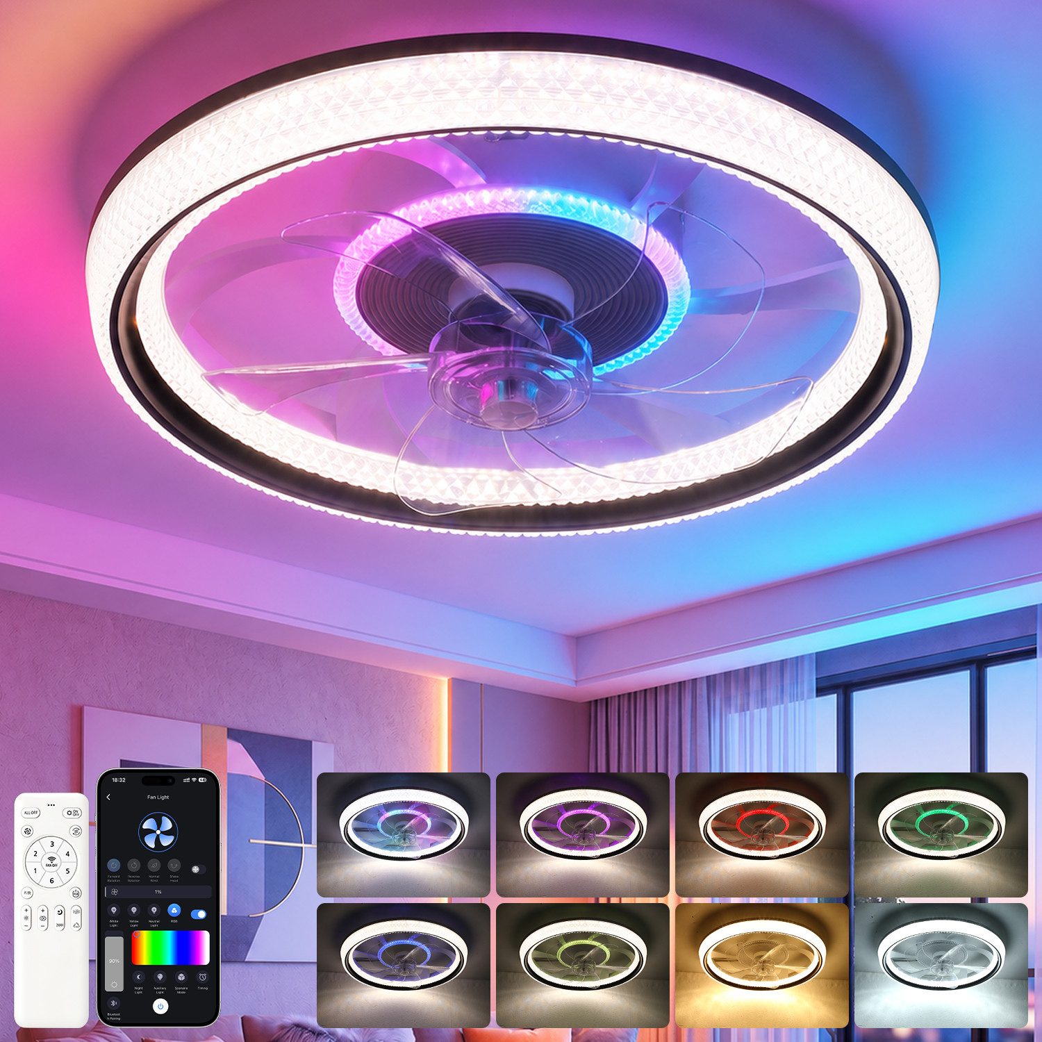 Deckenventilator 70W Leise Deckenventilator,Kristall Deckenleuchte RGB Farbwechsel 50cm