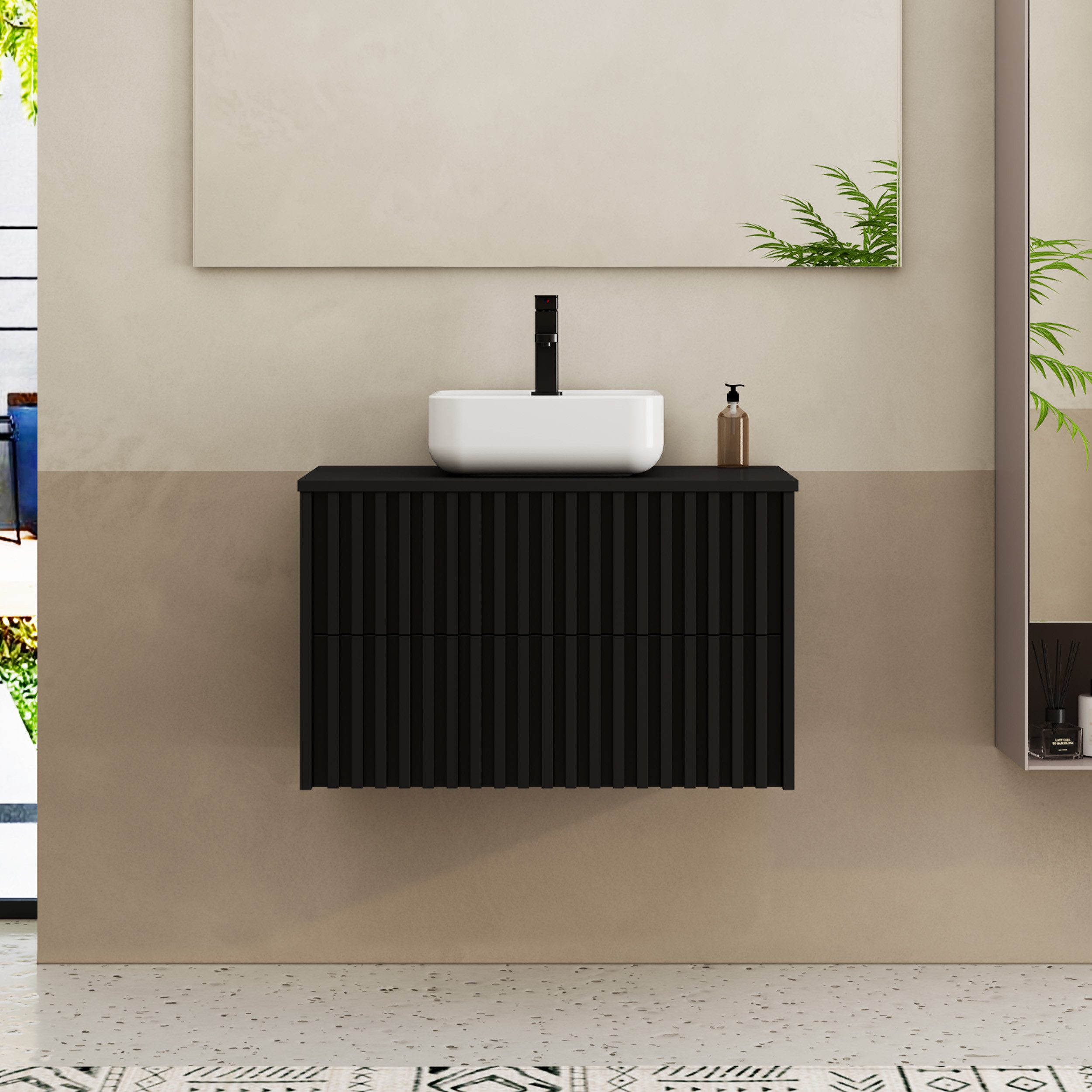 UEV Waschtisch mit Unterschrank hängend Rechteckiges Keramikwaschbecken (Komplett-Set Badmöbel, Badezimmmer Schrank, mit Wasserhahn und Pop-up-Ablassventil Aufs – Bild 2 von 5