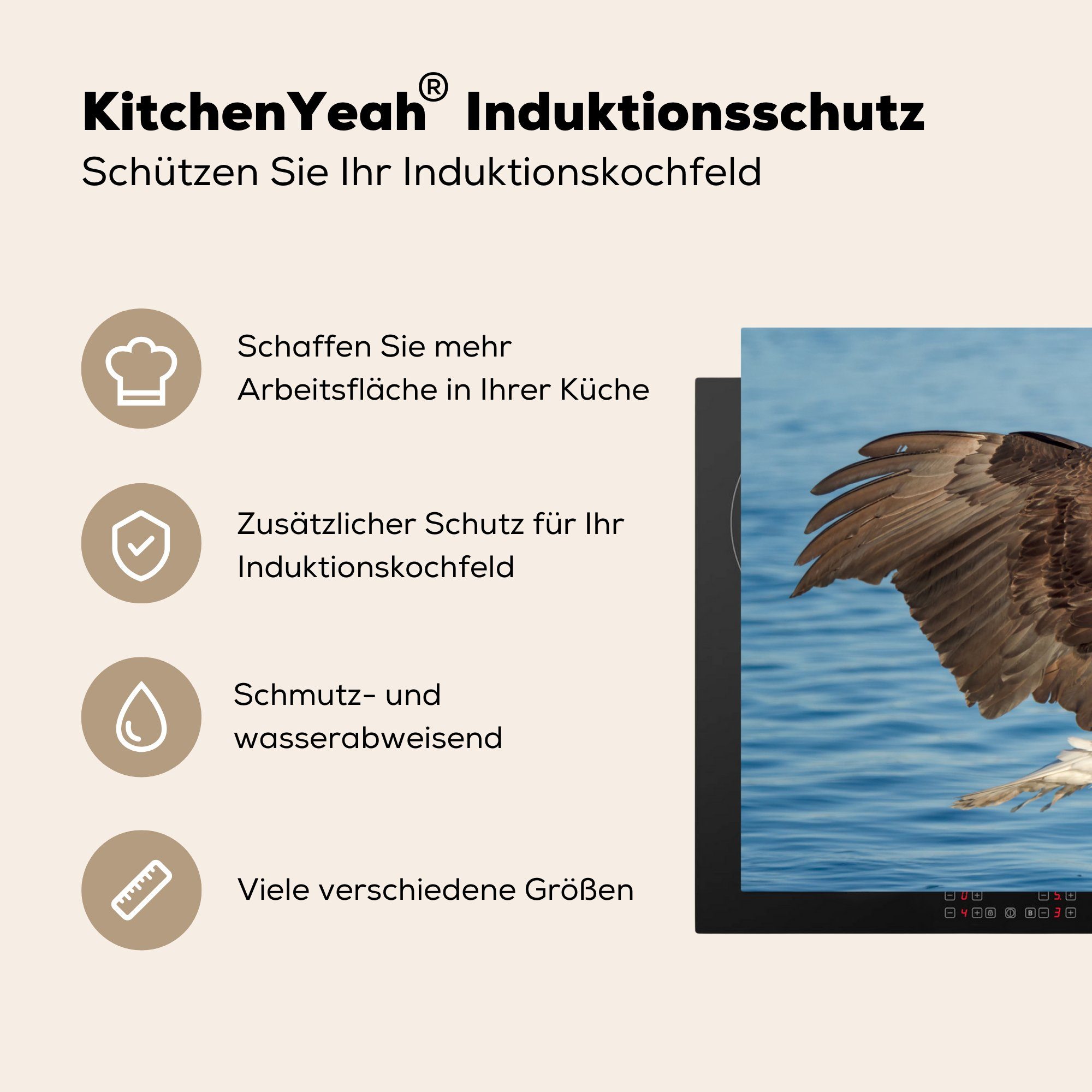 MuchoWow Herdblende-/Abdeckplatte Vogel - - Wasser 81x52 - Vinyl, - Schutz cm, Adler, (1 Fliegen Ceranfeldabdeckung für Weißkopfseeadler küche, die Induktionskochfeld tlg)