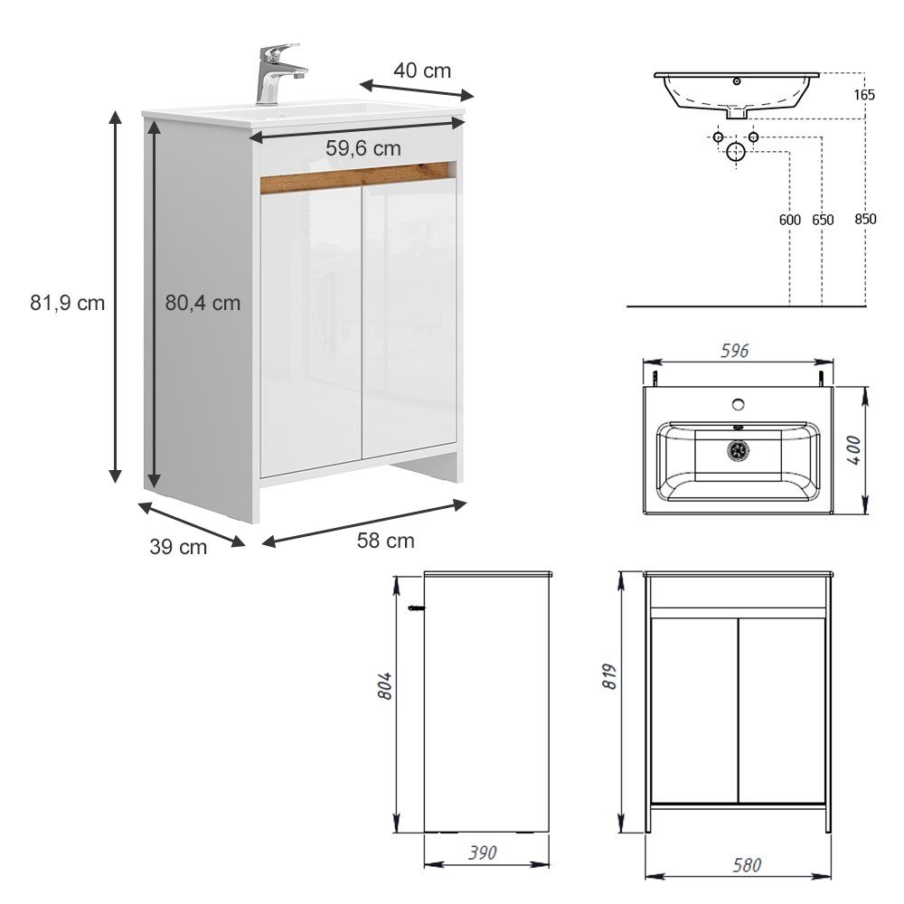 Badmöbel-Set Set) LEMGO (2-St., Weiß, mit Vicco 2-er Waschtisch Waschbecken
