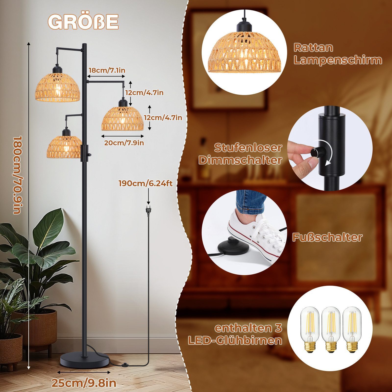 Jibenhome Stehlampe Boho Rattan Stehlampe mit 3 Lichtern dimmbar,180cm, Farmhouse Stehleuchten für Wohnzimmer Schlafzimmer Büro