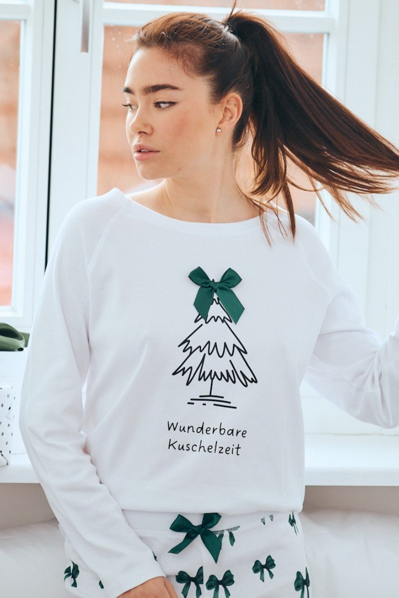 Louis & Louisa Schlafanzug Pyjama Damen - WUNDERBARE KUSCHELZEIT - weiß/grün