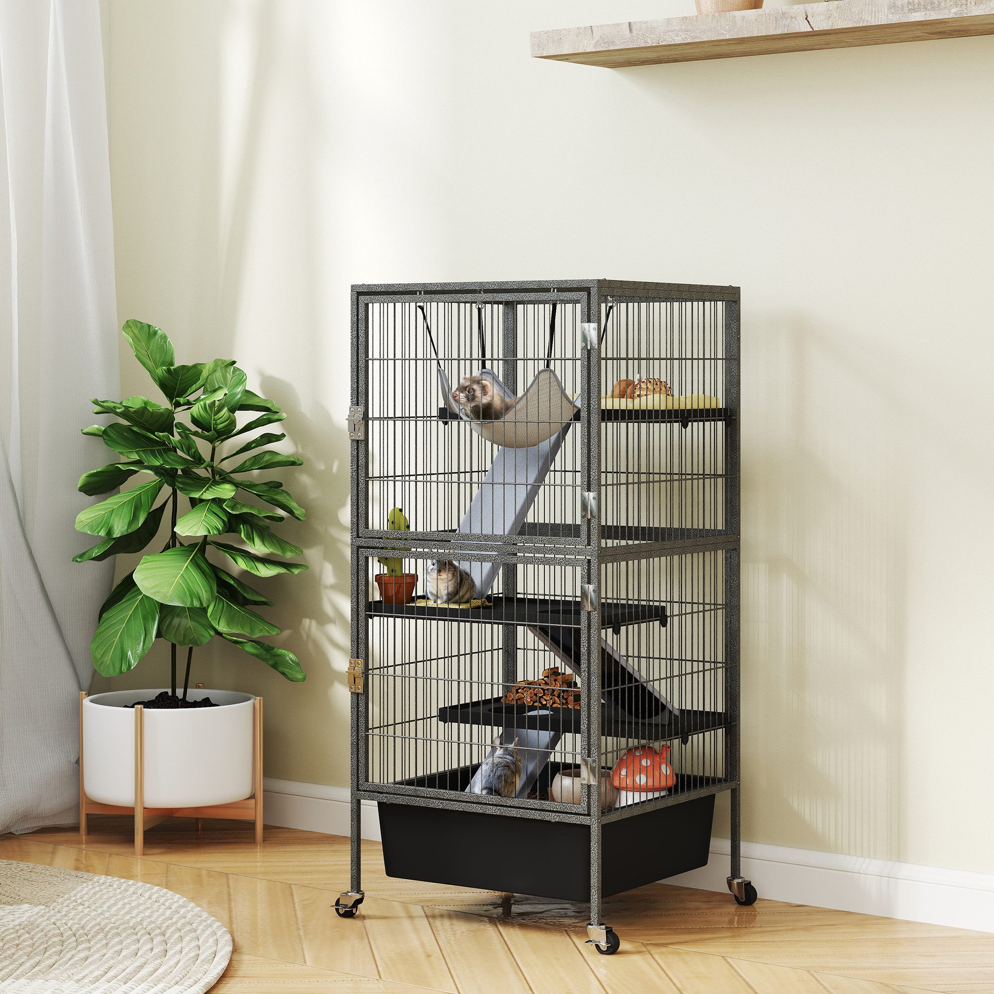 PawHut Kleintierkäfig 4-stöckiger Nagerkäfig Frettchenkäfig mit Rampen Hängematte, für Frettchen Chinchillas Eichhörnchen 52 x 52 x 115 cm Grau