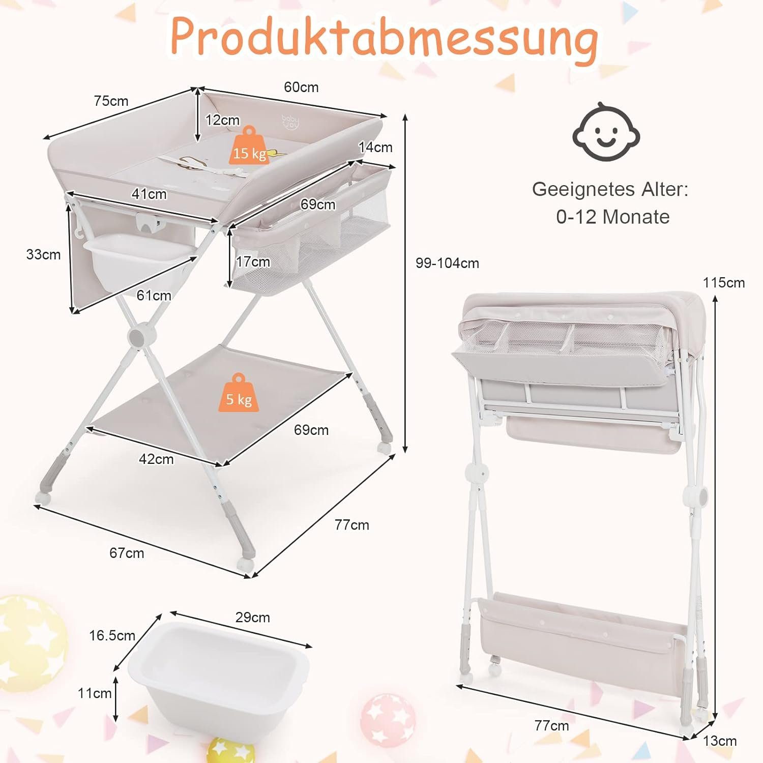 wasserdichtem faltbar, Wickeltisch beige Bezug Wickelkommde, KOMFOTTEU & mit höhenverstellbar