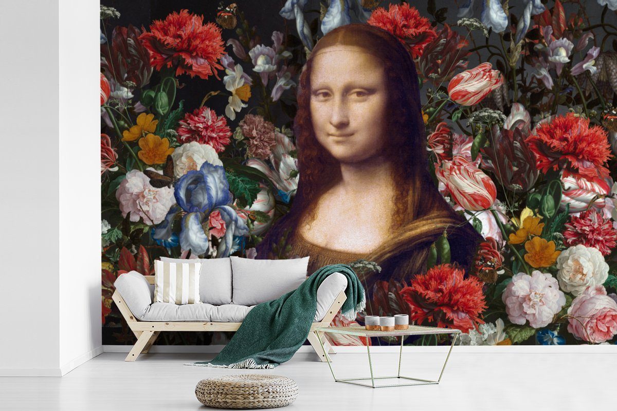 Leonardo für Vinci (6 - Matt, Mona da Vinyl Fototapete MuchoWow St), Blumen, bedruckt, Wohnzimmer, Wallpaper Lisa Tapete - Kinderzimmer, Schlafzimmer,