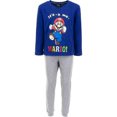 Super Mario Schlafanzug Super Mario langer Schlafanzug Its a me Pyjama Blau - Grau Gr. 98 104 110 116 122 128
