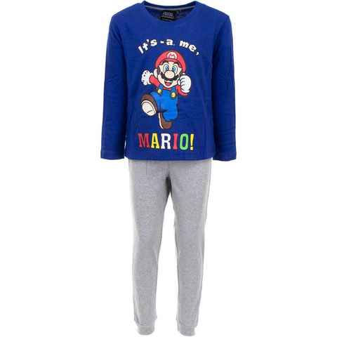 Super Mario Schlafanzug Super Mario langer Schlafanzug Its a me Pyjama Blau - Grau Gr. 98 104 110 116 122 128