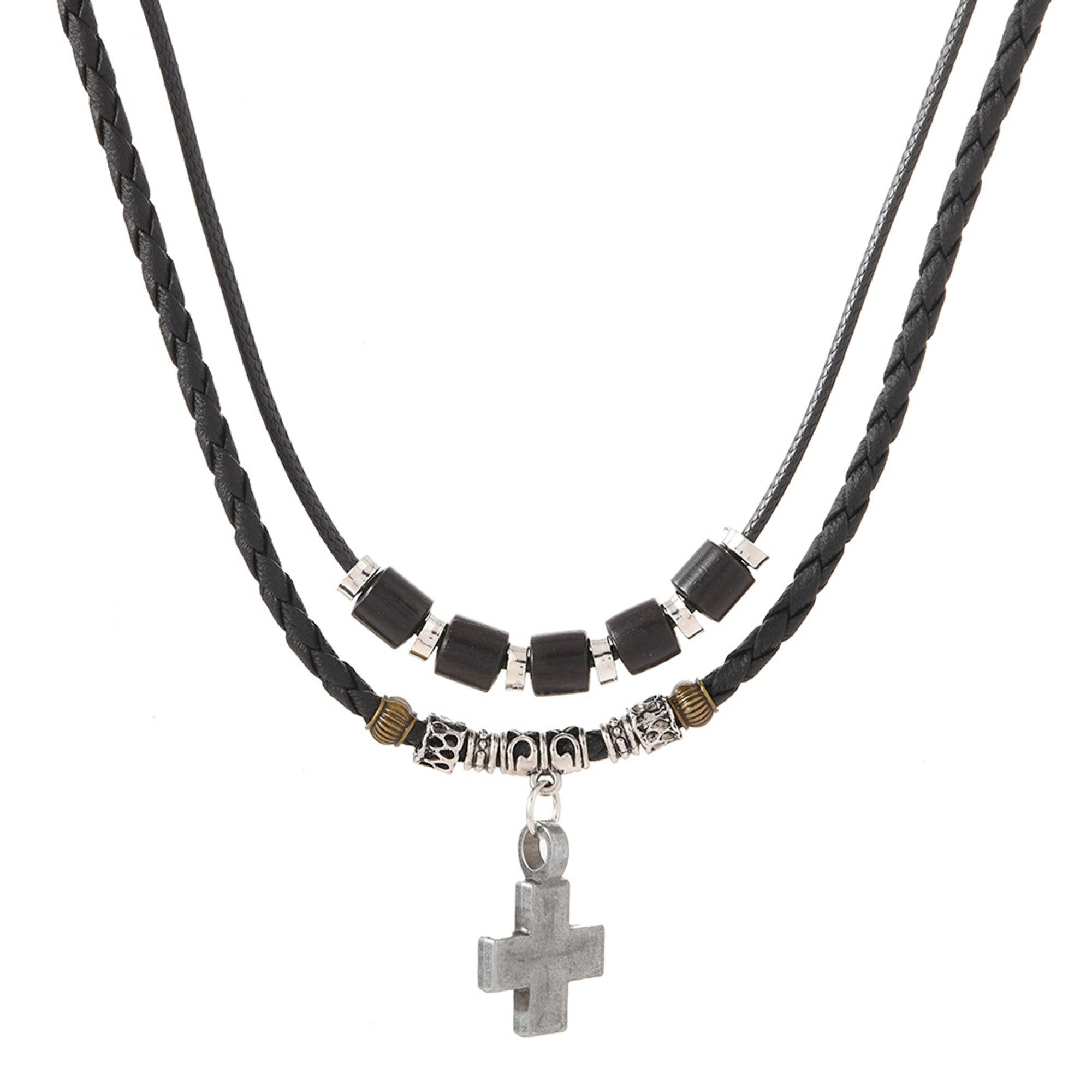 KARMA Kette mit Anhänger mehrreihig Surfer Style Kreuz Schwarz Herren PU Leder (Geschenk für Ihn Lederkette, Herrenhalskette modern), Halskette Herrenschmuck Männer