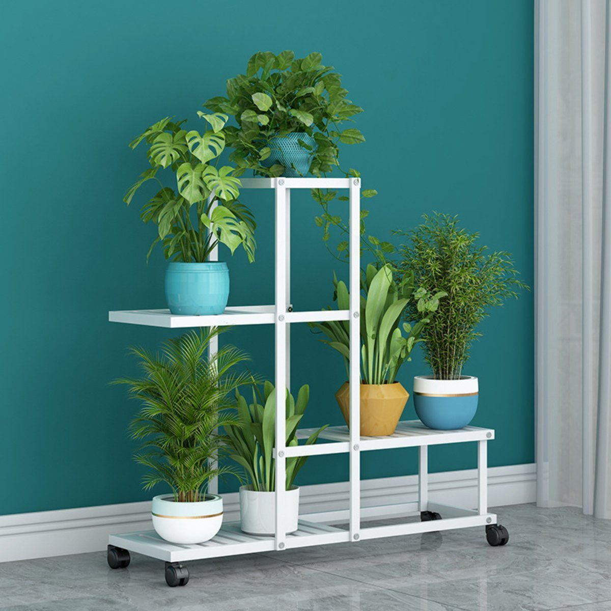 Insma Pflanzentreppe (62x26x60.5cm), Blumenregal Metall mit Rädern Weiß