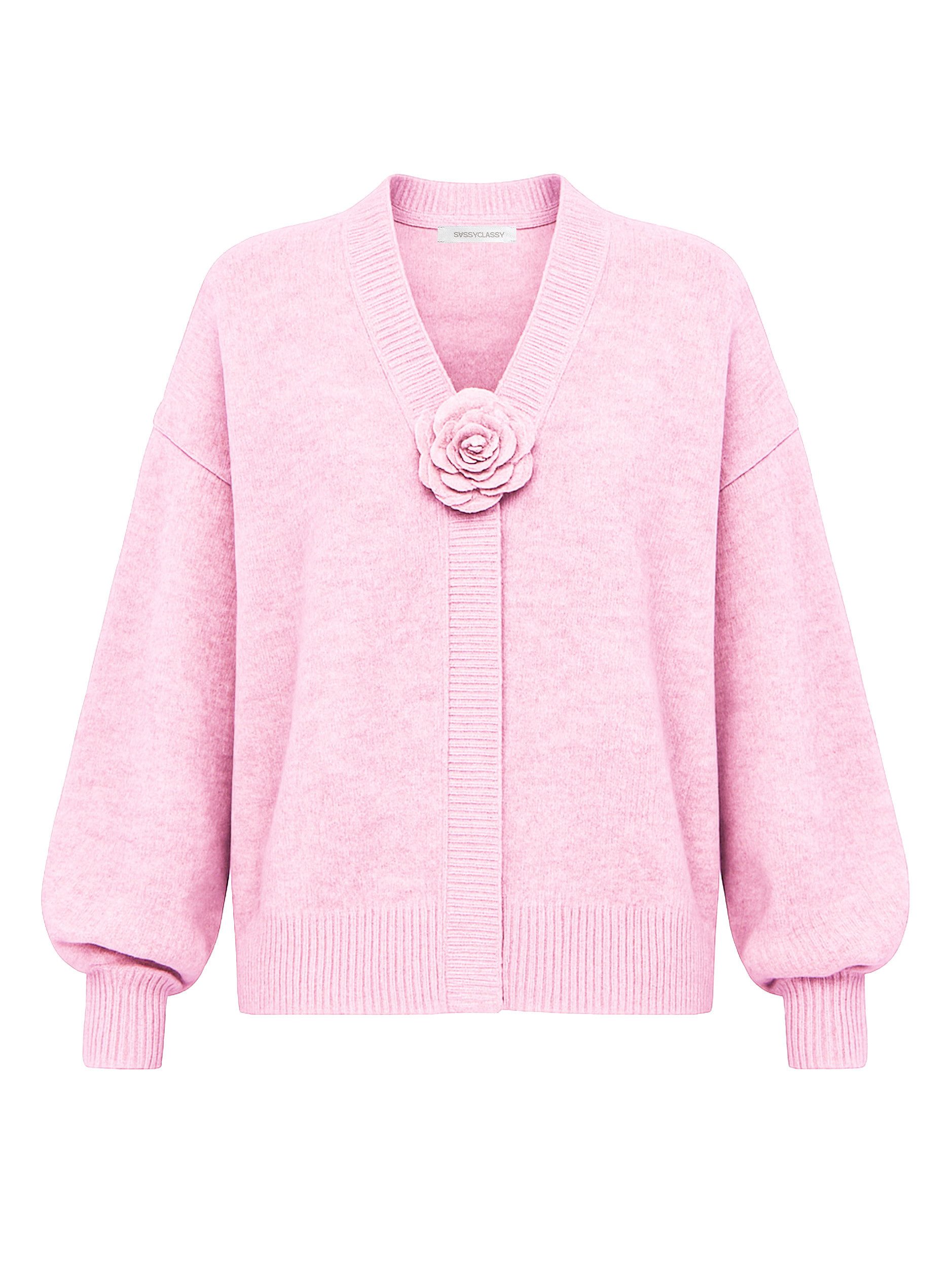 SASSYCLASSY Cardigan Strickjacke mit Blumenapplikation für Damen Femininer Cardigan aus softem Strick mit V-Ausschnitt und Ballonärmel