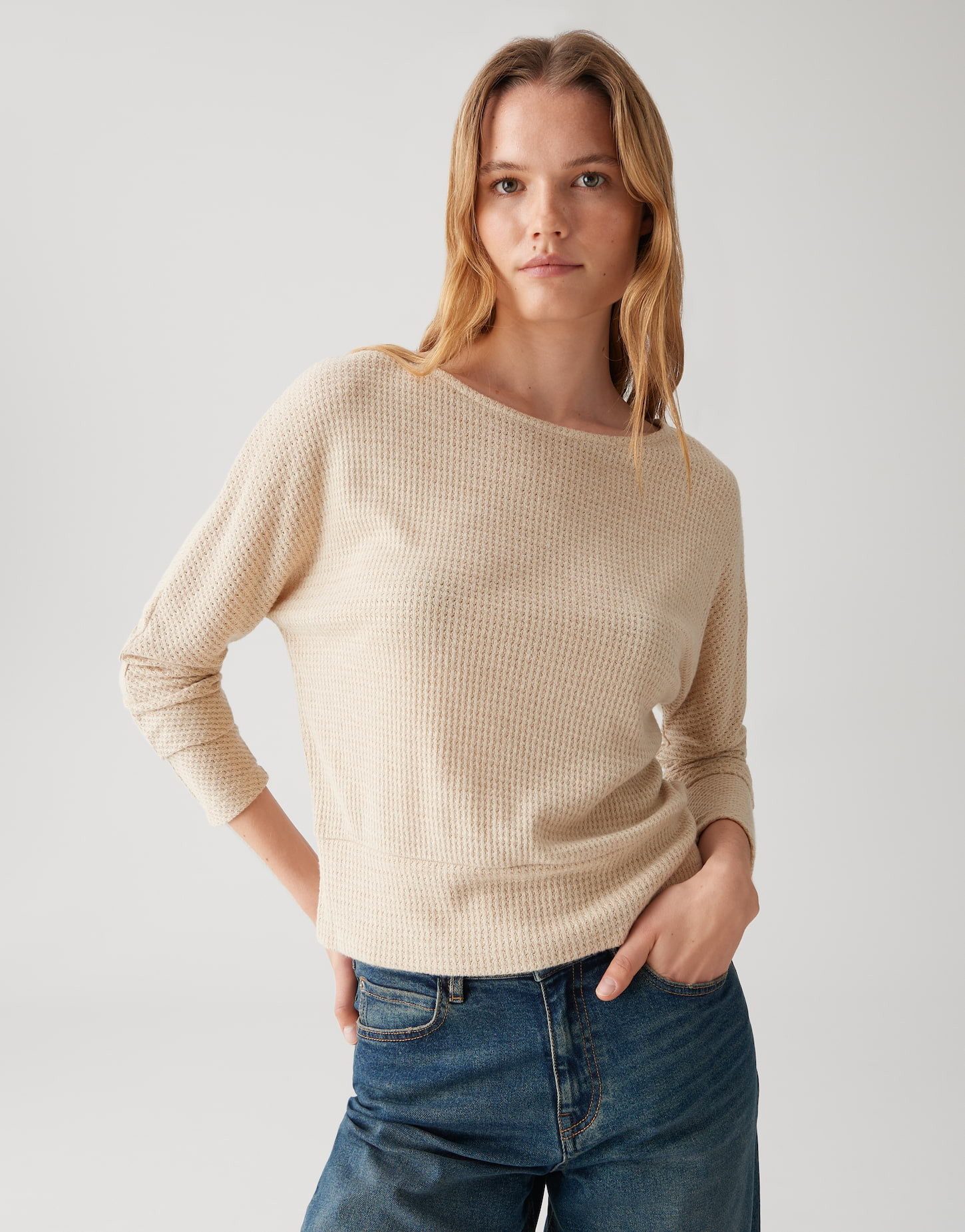 OPUS Langarmshirt SELLU Regular überschnittener Langarm, schmal zulaufend, U-Boot-Ausschnitt