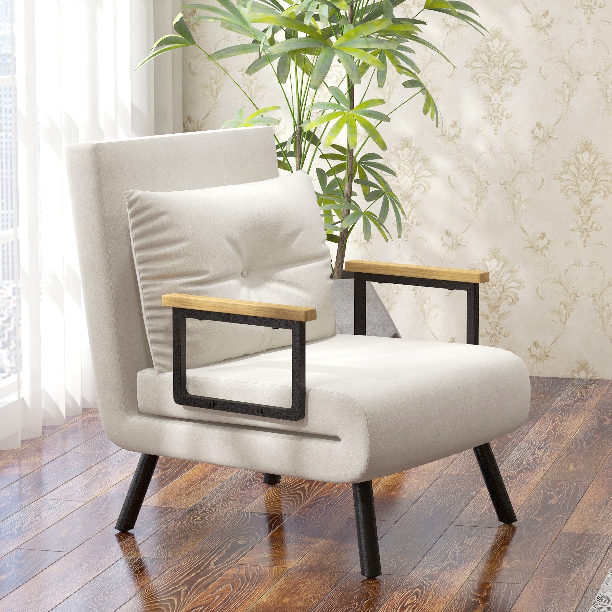 HOMCOM Schlafsofa Schlafsessel mit Schlaffunktion, Lendenkissen und Samtoptik, Verstellbare Sessel 1 Teile, 73 x 63 x 81 cm, Cremeweiß