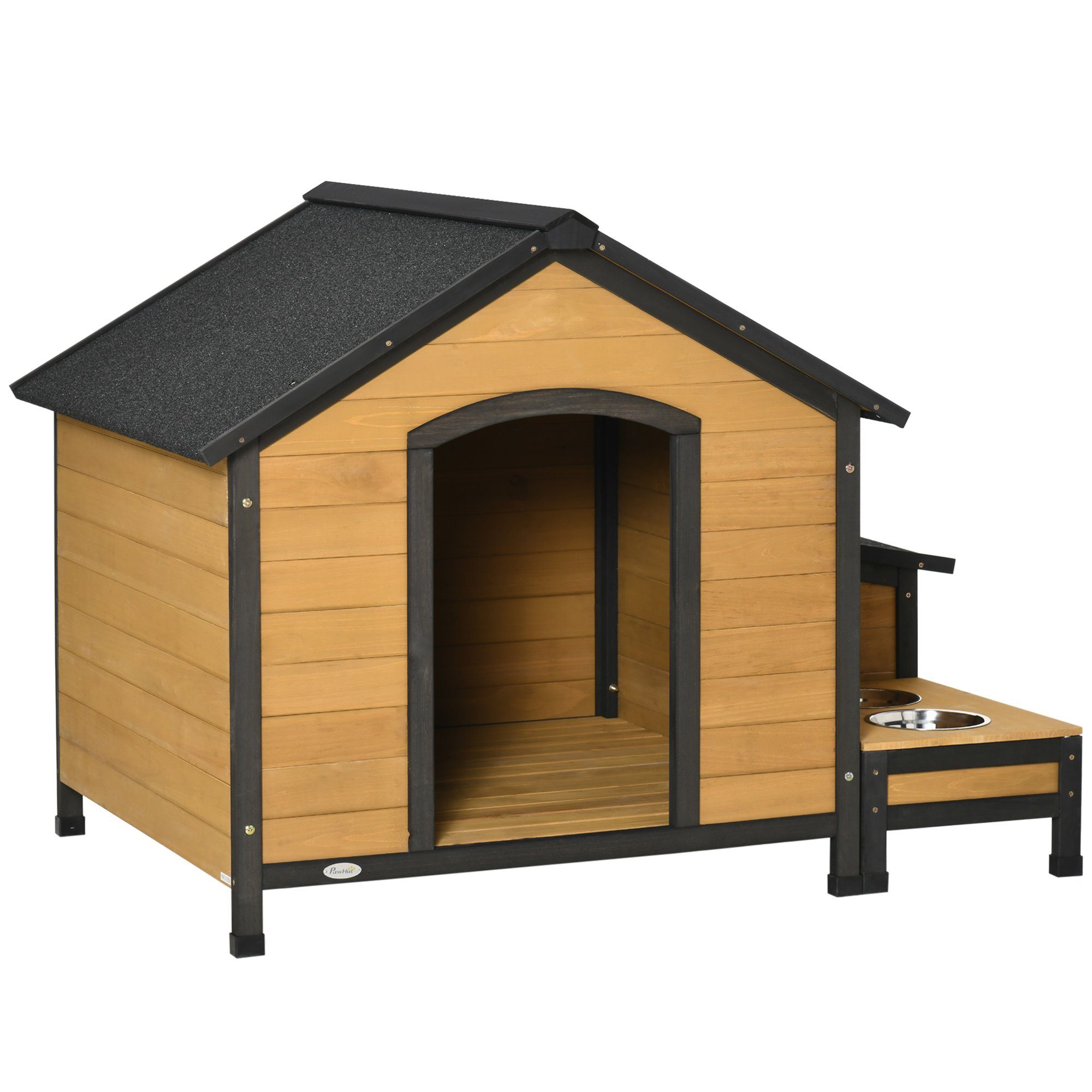 PawHut Hundehütte Kleintierhaus, Hundehaus mit 2 Hundeschüsseln, für Garten, Balkon, Naturholz