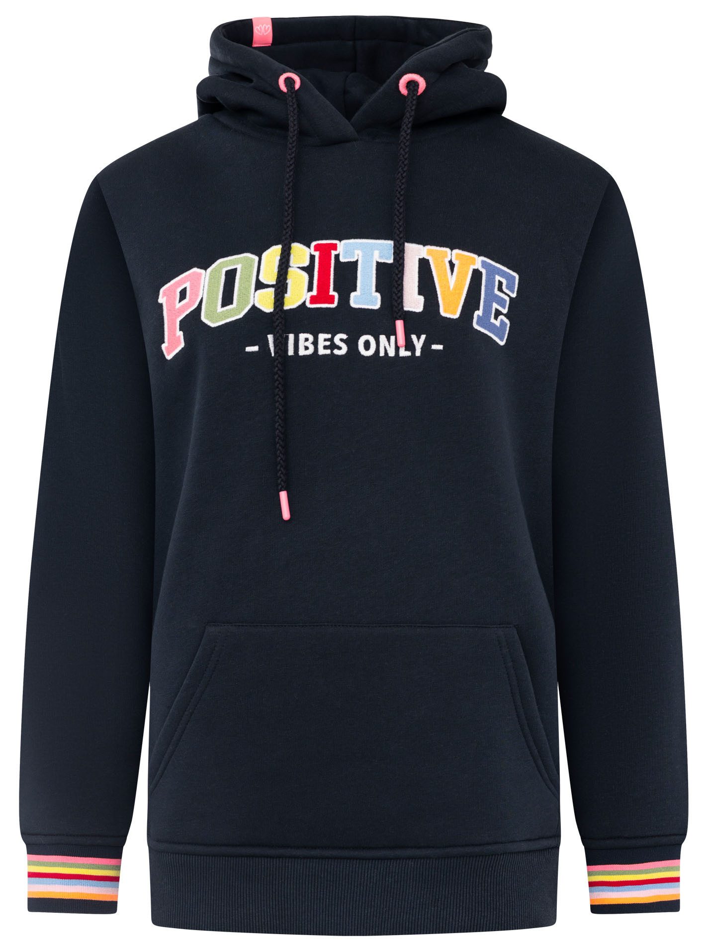 Zwillingsherz Hoodie "POSITIVE" buntes Sticklogo und gestreifte Ärmelbündchen, Kapuze, Kängurutasche