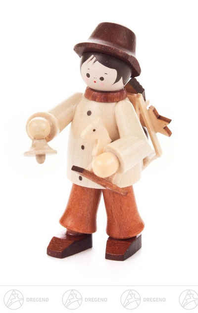 Dregeno Erzgebirge Weihnachtsfigur Weihnachtliche Miniatur Spielzeughändler natur Höhe ca 6 cm NEU, mit Spielzeug und Rucksack