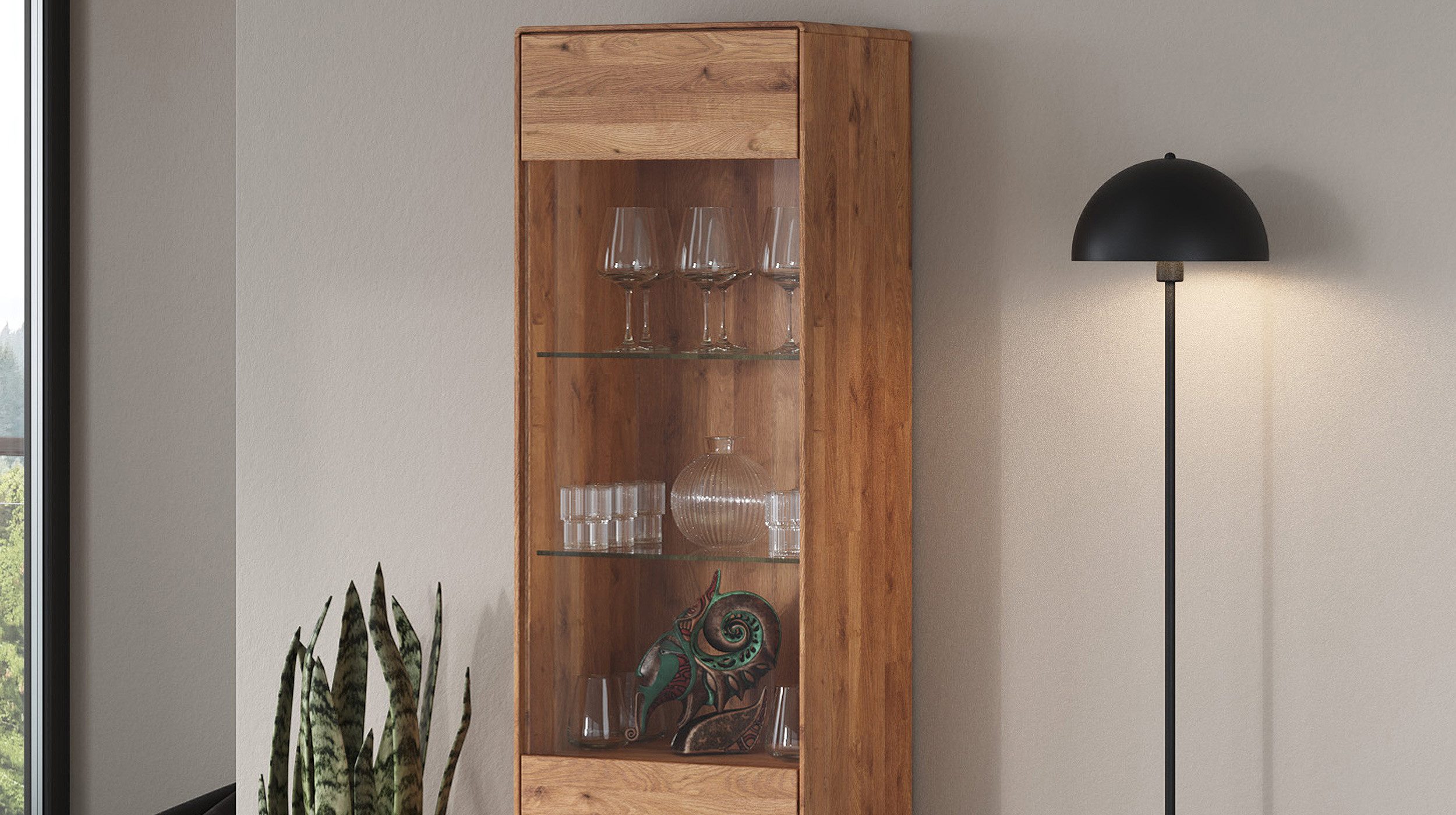 Massivart® Vitrine LUCAS montiert / Vitrinenschrank Glastür / Massivholz Wildeiche geölt 4 Einlegeböden / Soft-Close-Funktion