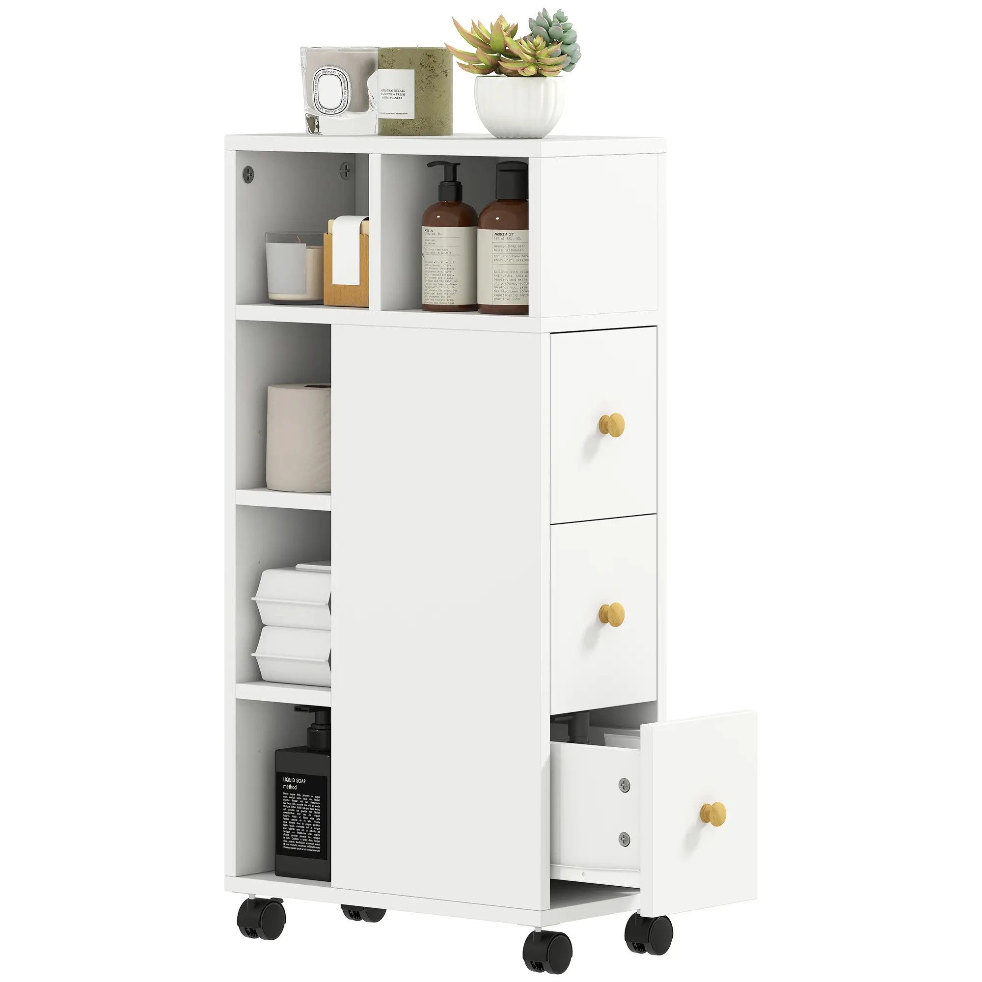 BlingBin Badkommode Badezimmerschrank Schmal, Badschrank mit 4 Rollen, 3 Schubladen (1er Set, 1 St., 20cm x 40cm x 80cm), Toilettenschrank mit 5 offenen Fächern für Kleine Räume