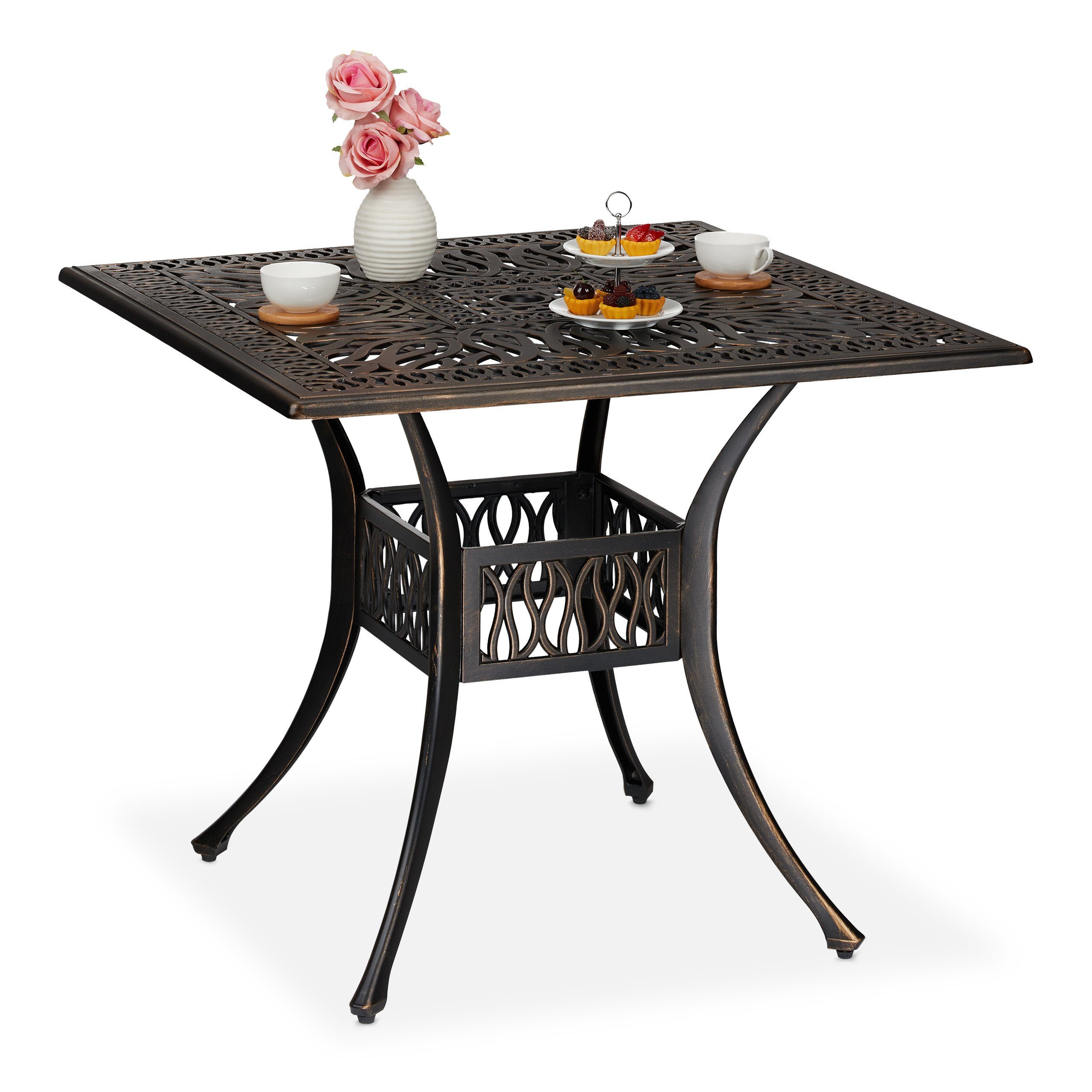 relaxdays Gartentisch Eckiger Gartentisch mit Schirmloch, Schwarz-Bronze