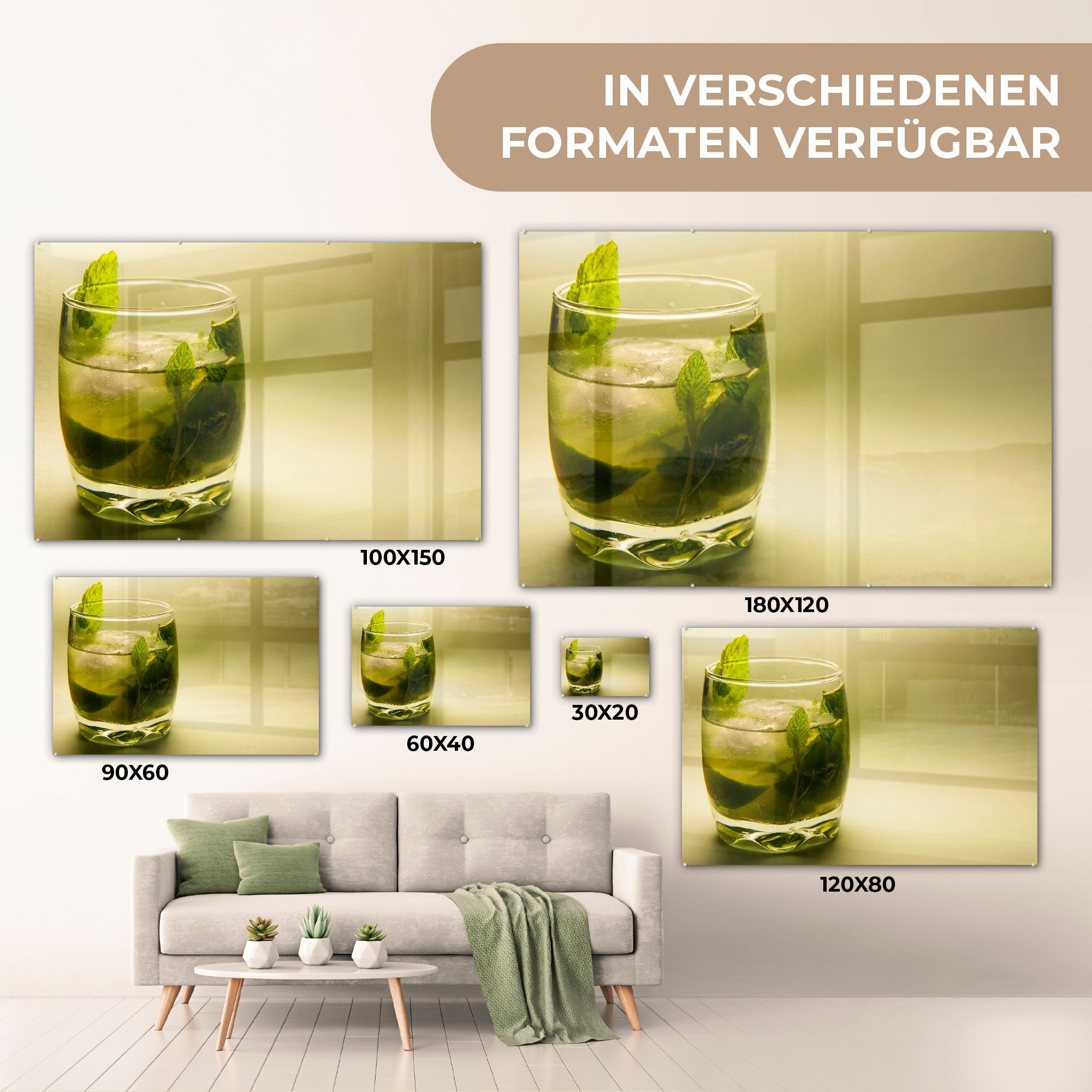 Wohnzimmer grünem St), MuchoWow Hintergrund, Acrylglasbilder Acrylglasbild & (1 auf Mojito-Cocktail Schlafzimmer