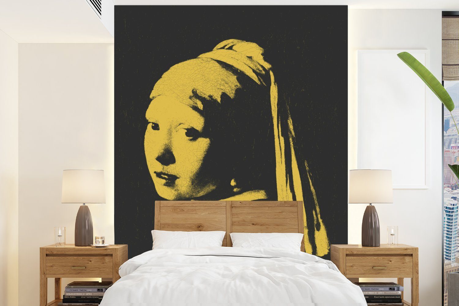 MuchoWow Fototapete Mädchen mit einem Perlenohrring - Johannes Vermeer - Schwarz - Gelb, Matt, bedruckt, (4 St), Montagefertig Vinyl Tapete für Wohnzimmer, Wandtapete