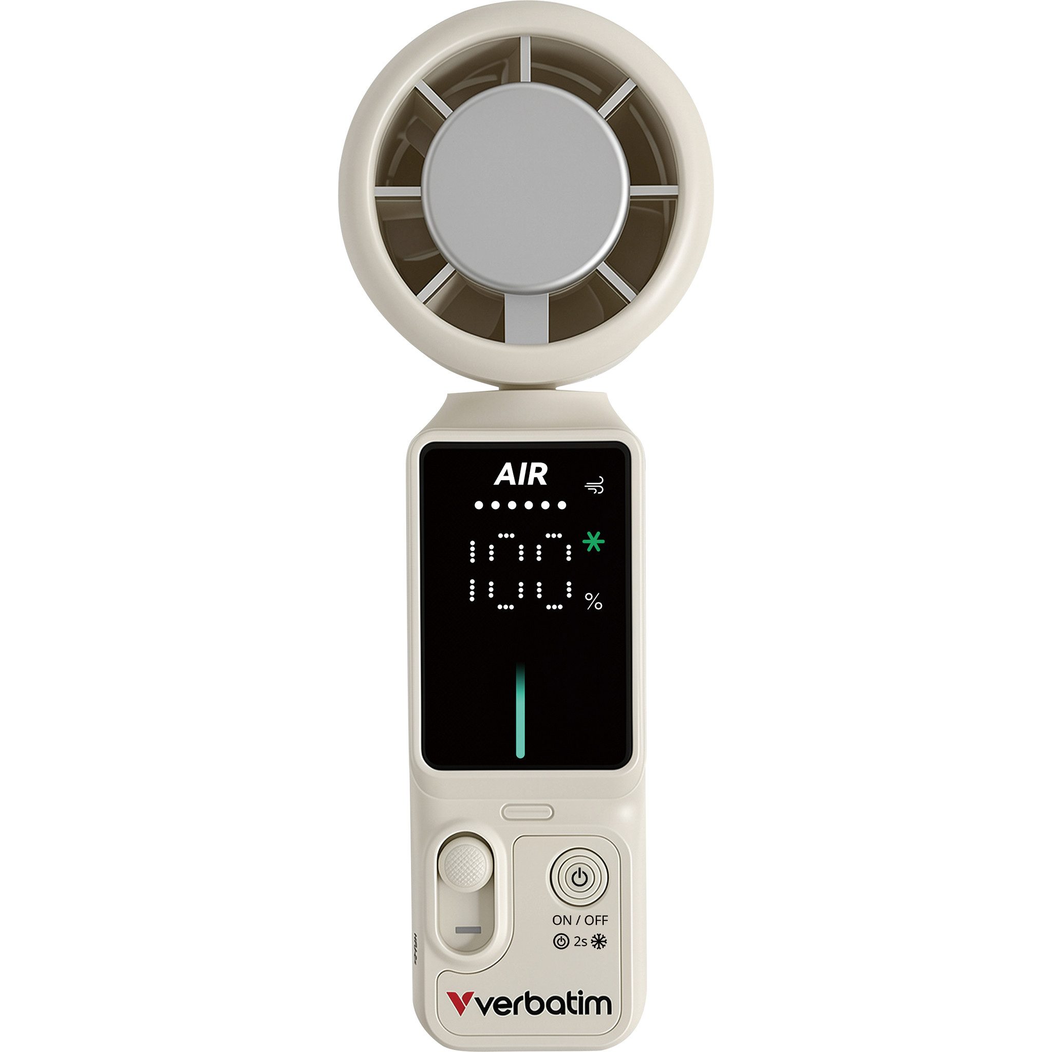 Verbatim Handventilator Taschenventilator Reiseventilator Akkuventilator, Akkubetrieb, USB-C, klappbarer Kopf, Display, 5 Stufen