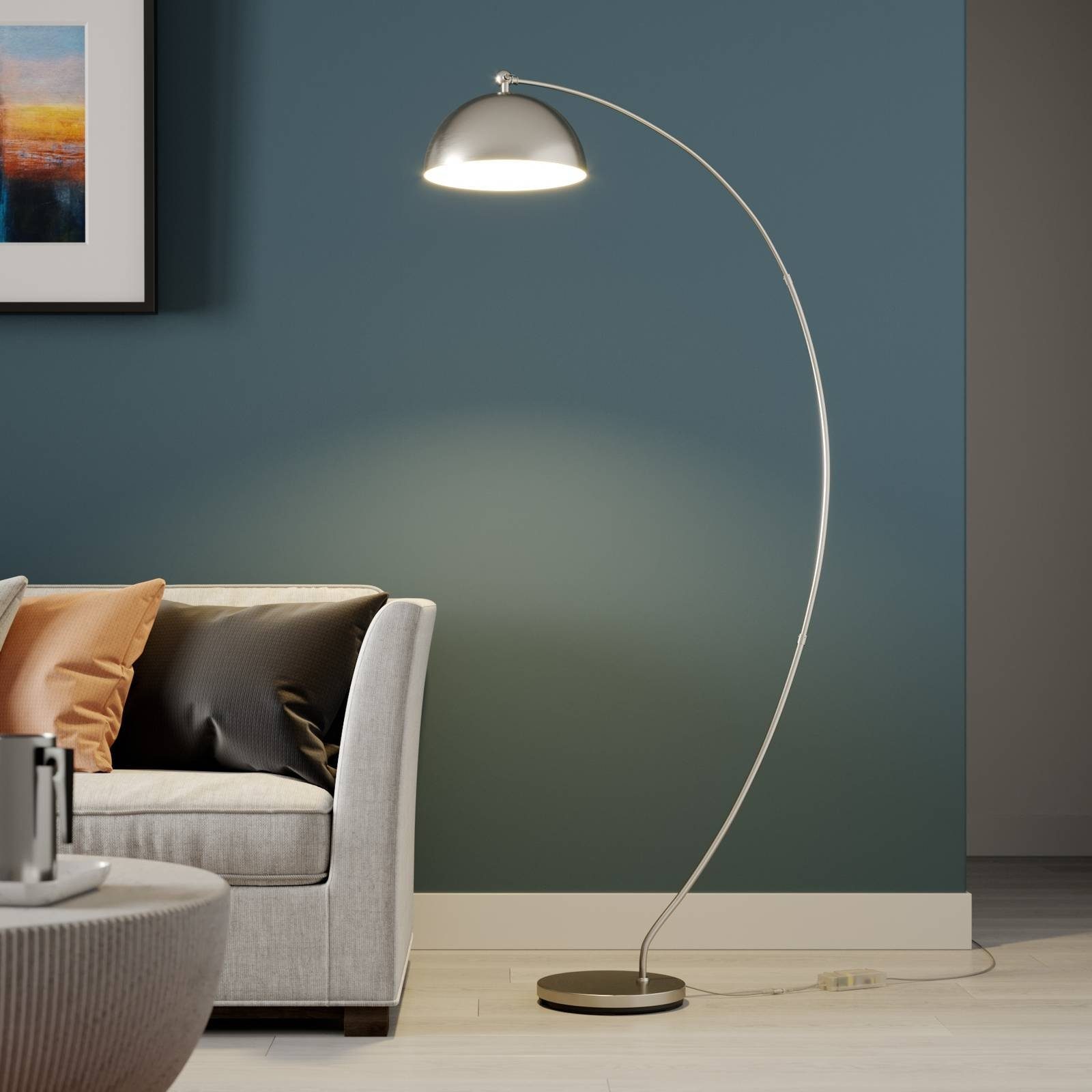 Lindby Bogenlampe Zara, dimmbar, inkl. warmweiß, 1 nickel Eisen, Modern, LED-Leuchtmittel flammig, fest matt, Aluminium, verbaut