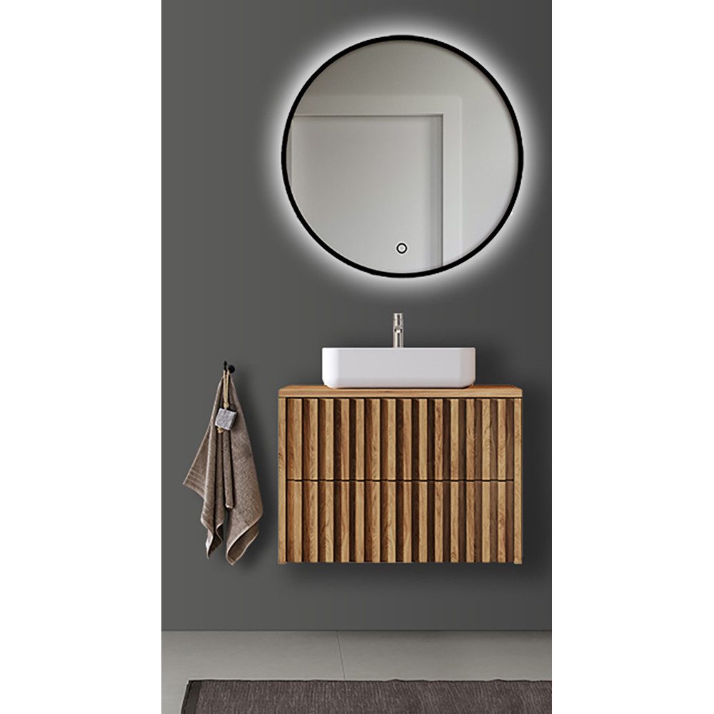 Lomadox Badmöbel-Set DESIO-107, (Spar-Set, 2-St., Waschtisch LED-Spiegel), in Eiche Nb. mit Lamellenfront, griffloses Design, Softclose