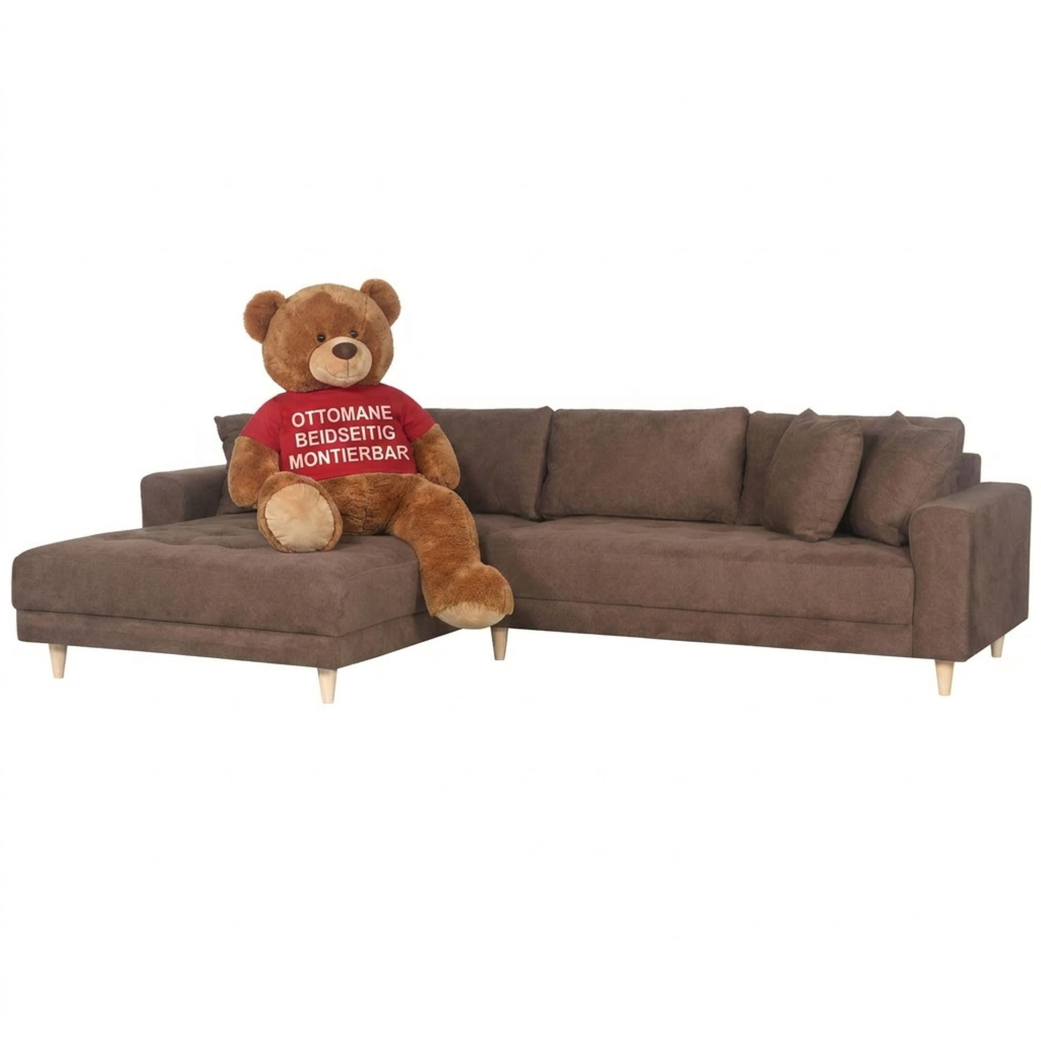 MR.DEKO Ecksofa Gorino Couch groß XXL Sofa Wohnzimmer Braun Strukturstoff, L-Form Polstersofa brown 283x176 cm 3 Teile, Ottomane beidseitig montierbar inklusive Kissen Holzfüße