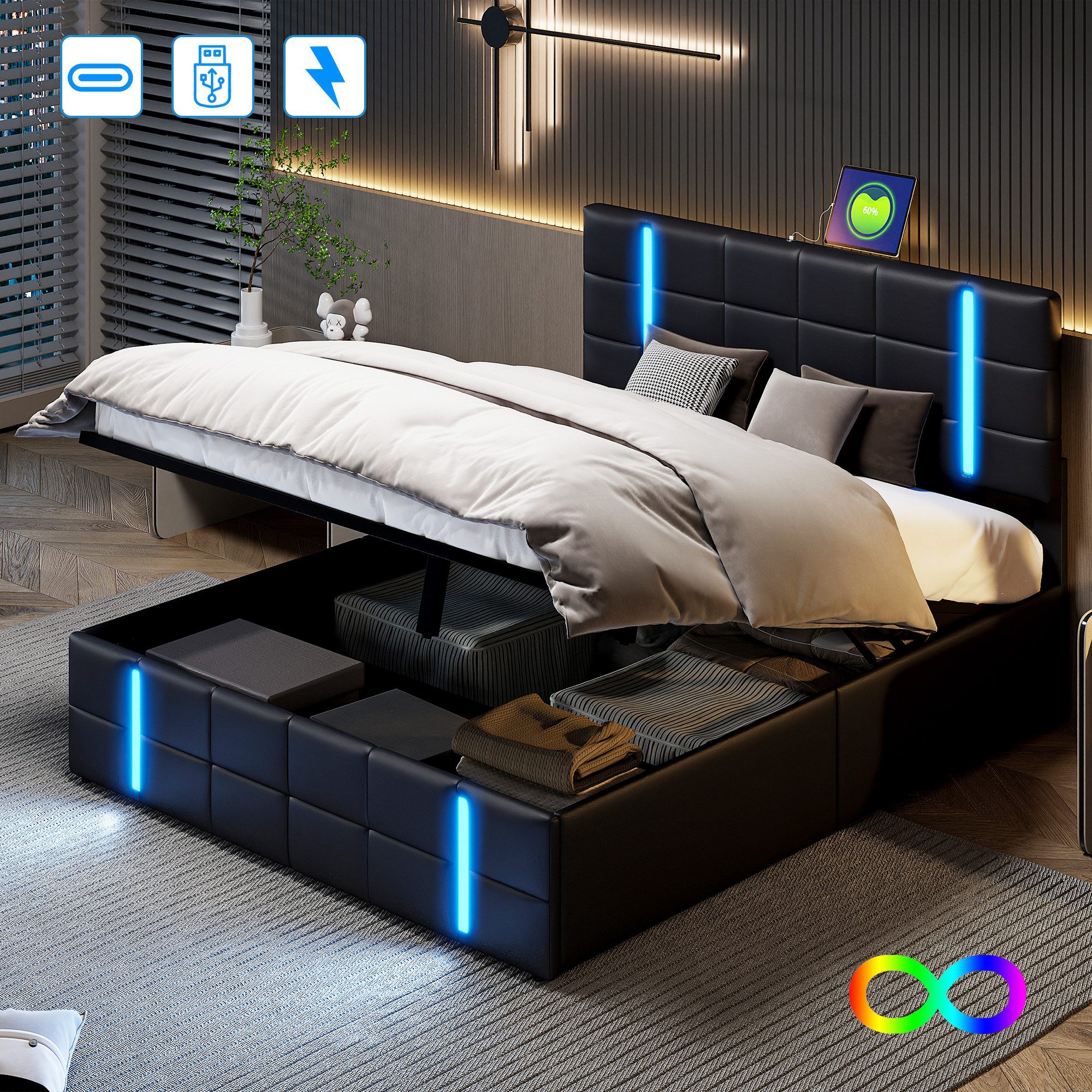 Bett Mit Schubladen & LED - 160x200 Cm Samt Bezug, USB & Stauraum