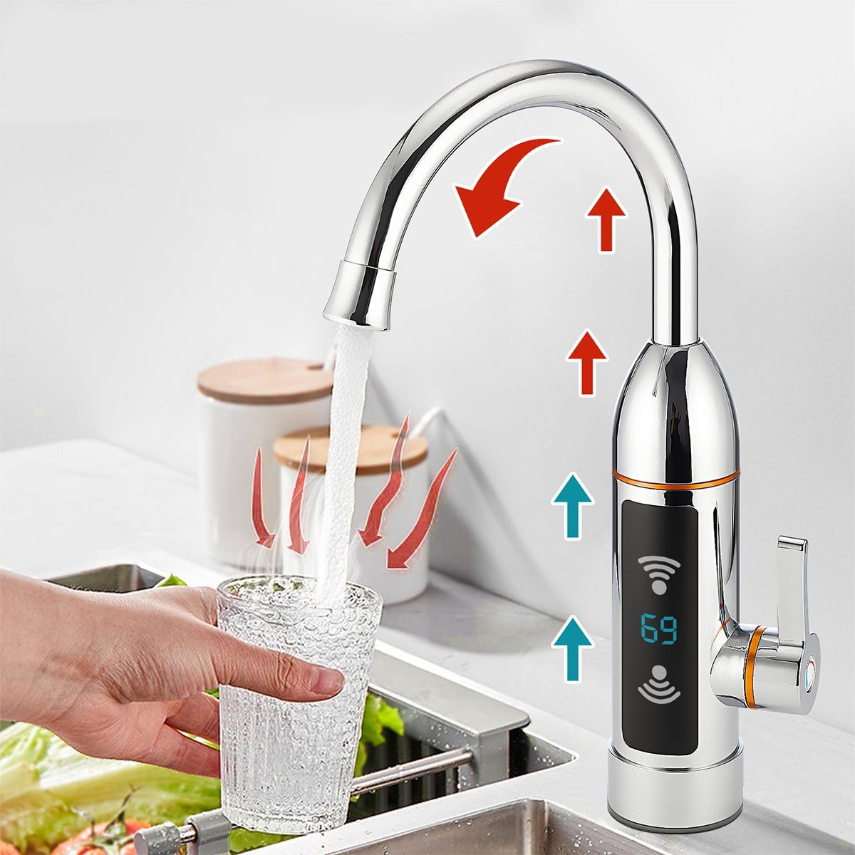 oyajia Küchenarmatur Küchenarmatur 3KW Elektrischer Wasserhahn,LED  Digitalanzeige,Edelstahl Heizung Küche Durchlauferhitzer Sofort Warm Armatur
