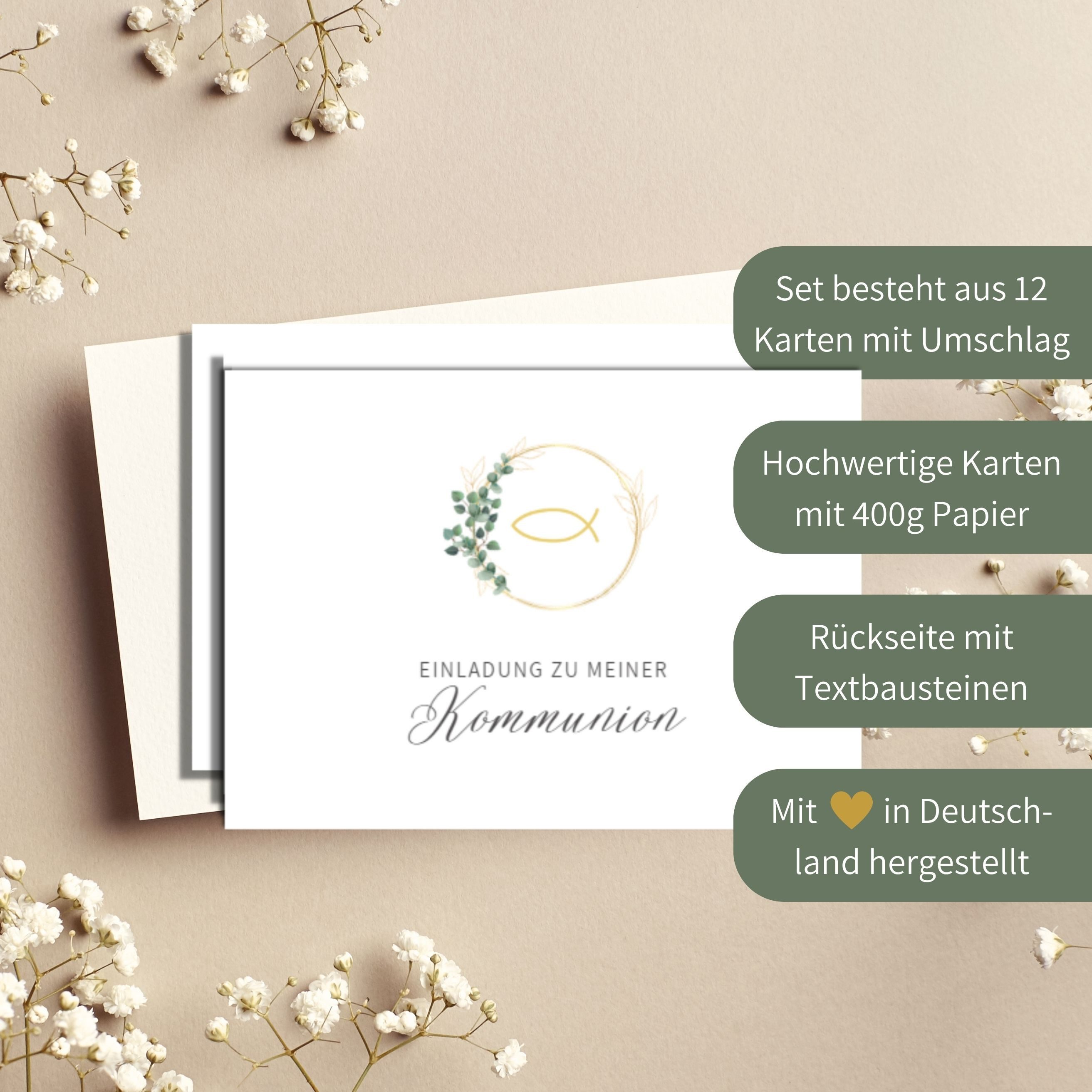 Briefzauber Einladungskarten 12x Einladungskarten Kommunion mit 12x Umschlägen & Einfüllhilfe