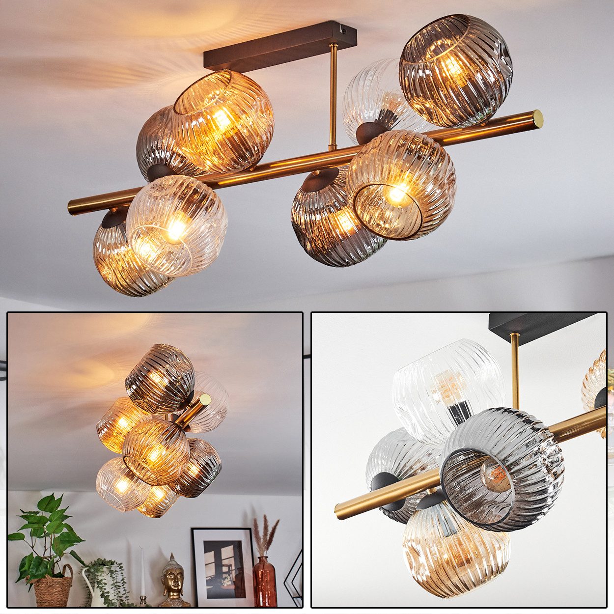 hofstein Deckenleuchte Deckenlampe aus Metall/Riffelglas in Schwarz/Gold/Bernstein/Rauch/Klar, ohne Leuchtmittel, Deckenleuchte im Retro/Vintage-Design (Schirme Ø 15 cm), 8 x E14