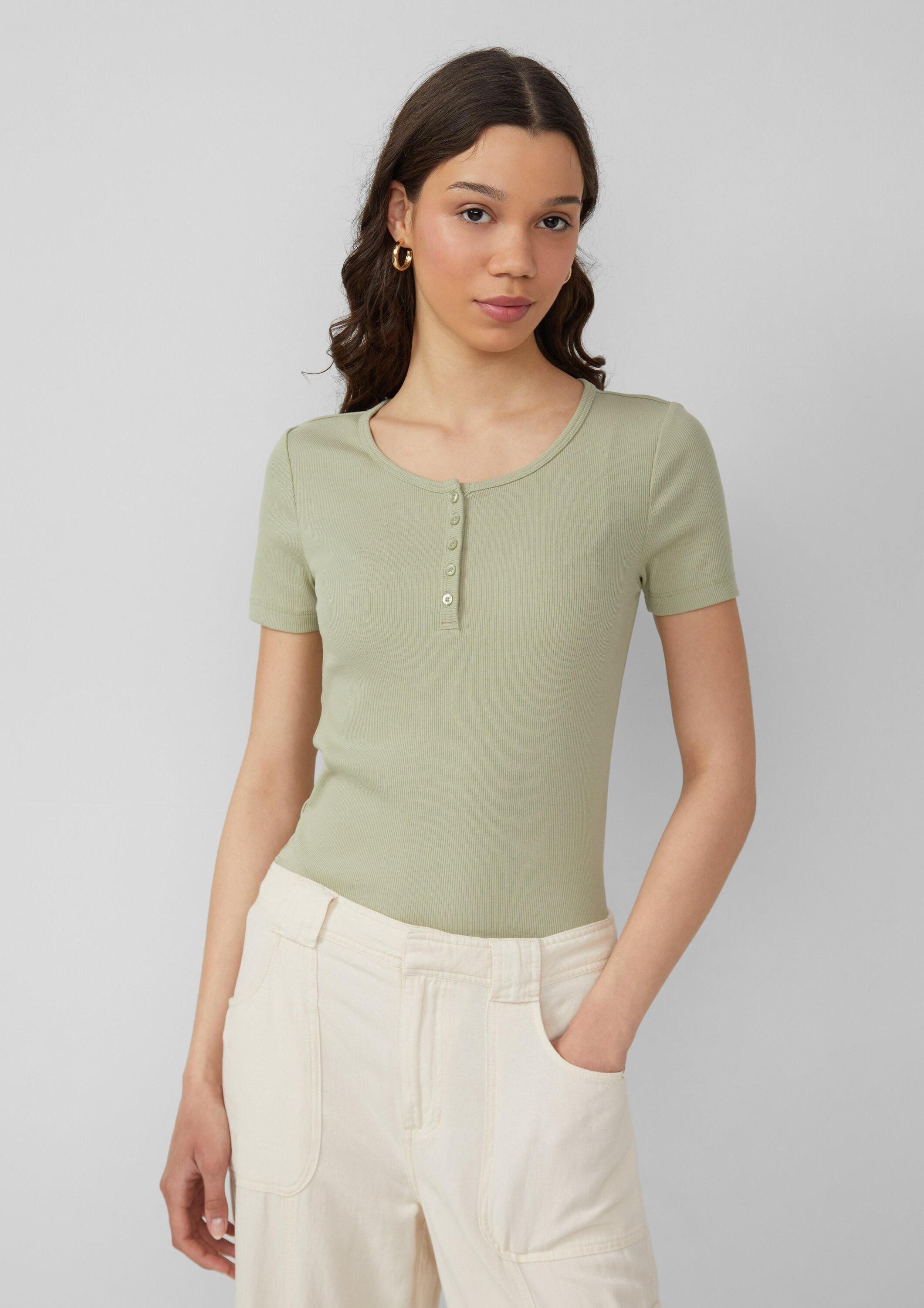 QS Kurzarmshirt T-Shirt Geripptes T-Shirt mit Knopfleiste günstig online kaufen