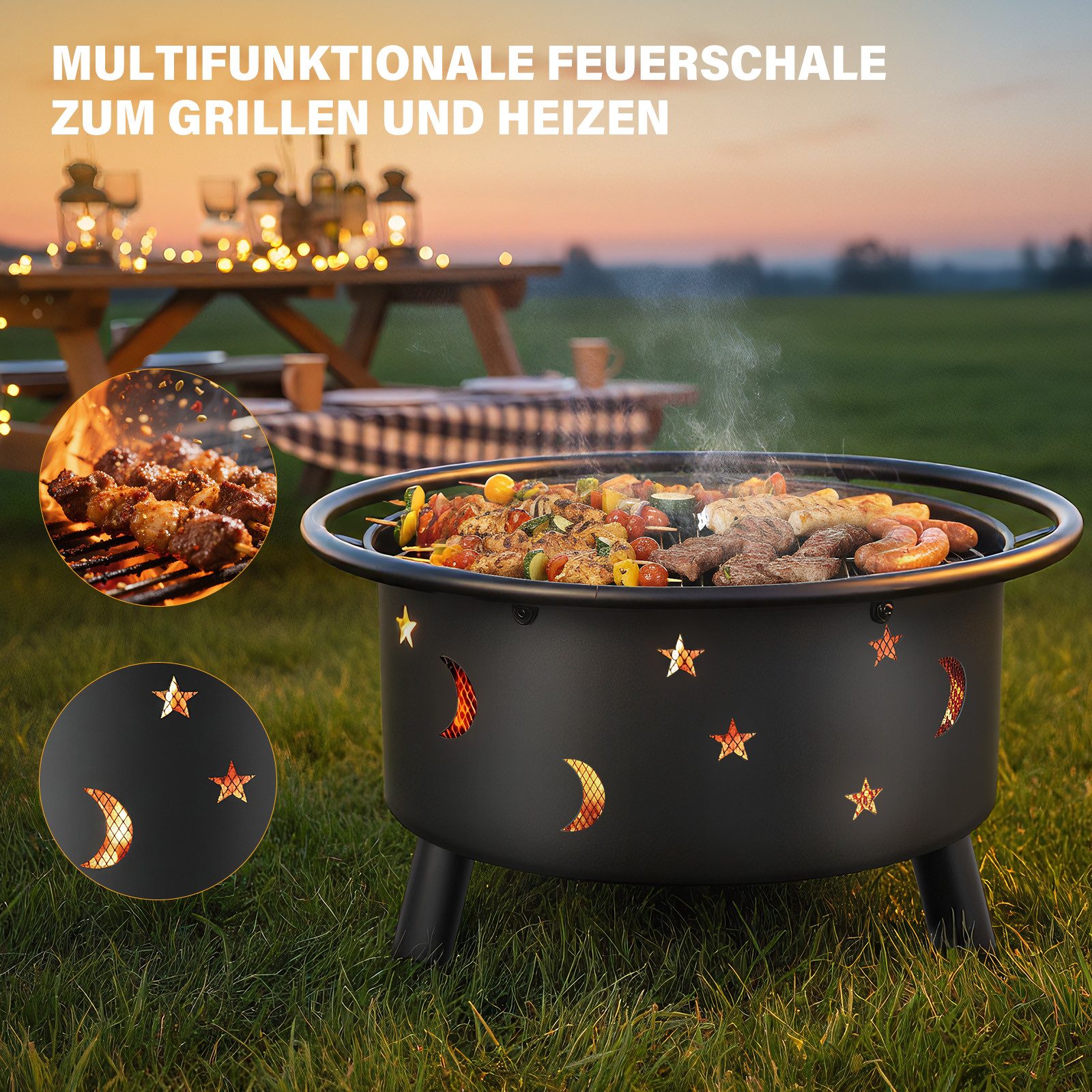 oyajia Feuerschale Feuerschale mit BBQ Grillrosten und Schürhaken, Holzkohlegrill, (Set, Zubehör), inkl. Funkenschutz, Campinggrill mit Kochrost für Garten, Party