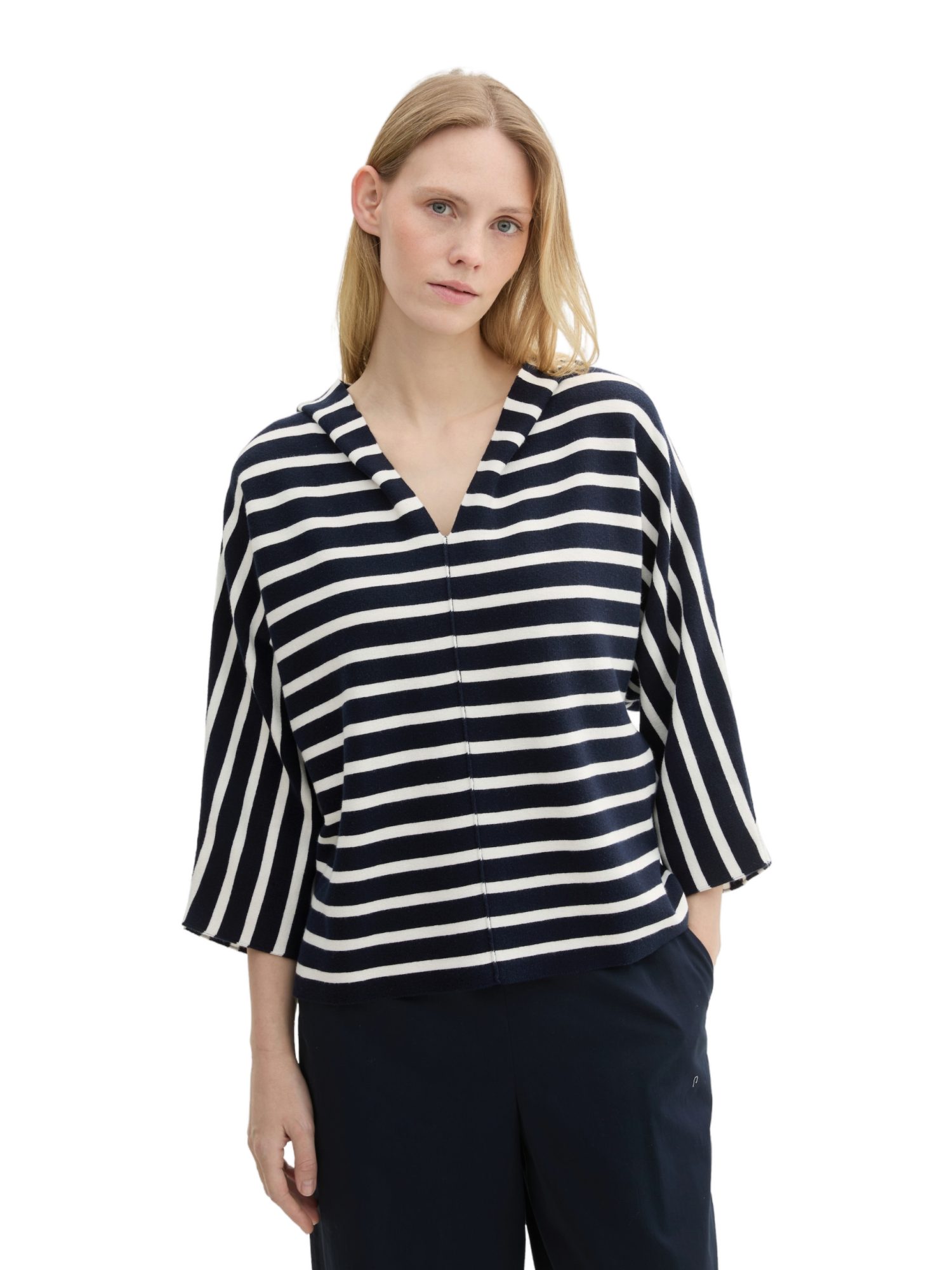 TOM TAILOR Strickpullover blau,Casual,Lyocell,Gestreift,V-Ausschnitt,3/4 Arm,Loose Fit