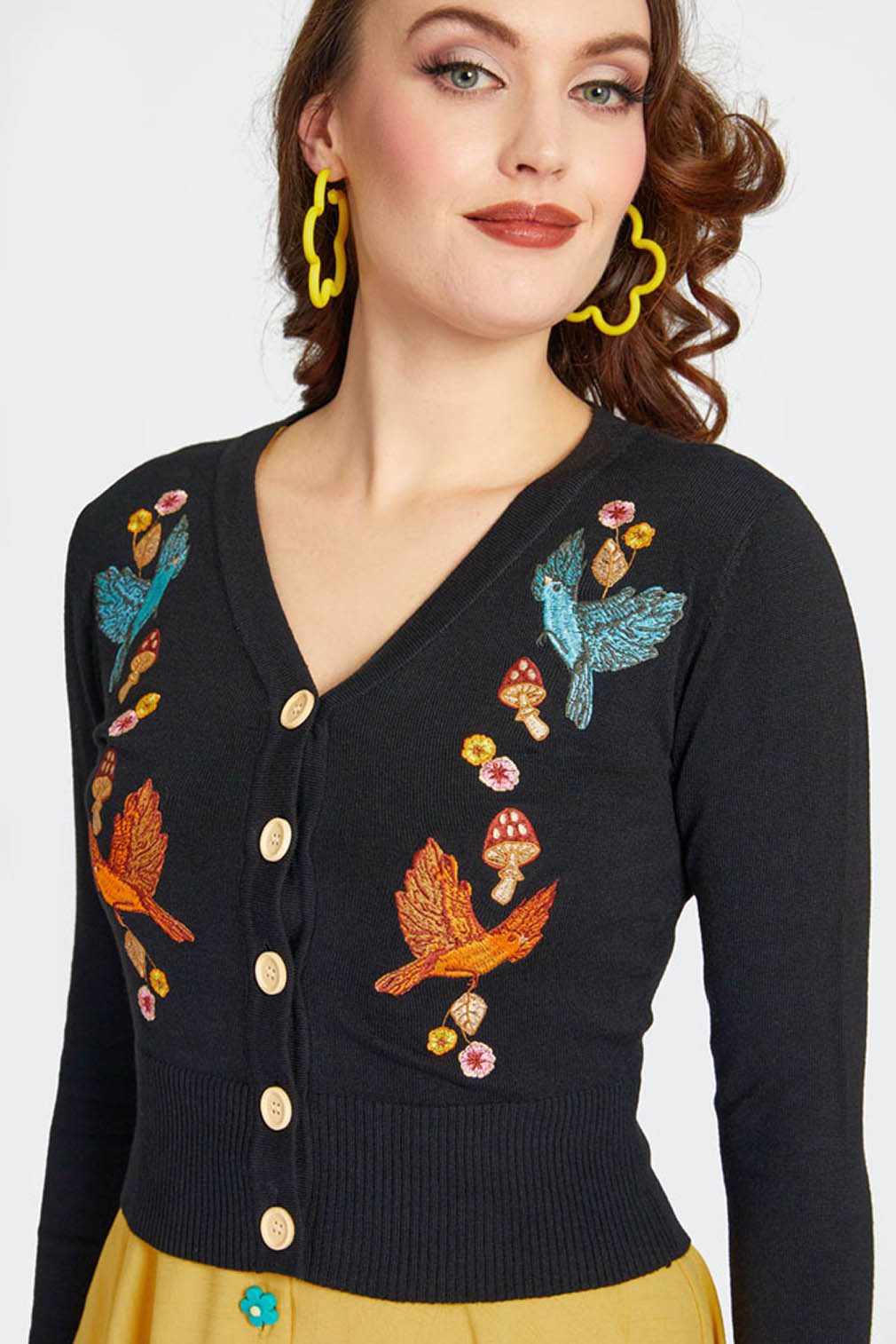 Voodoo Vixen Strickjacke Black Woodland Cardigan Retro Vintage Blumen Vögel günstig online kaufen