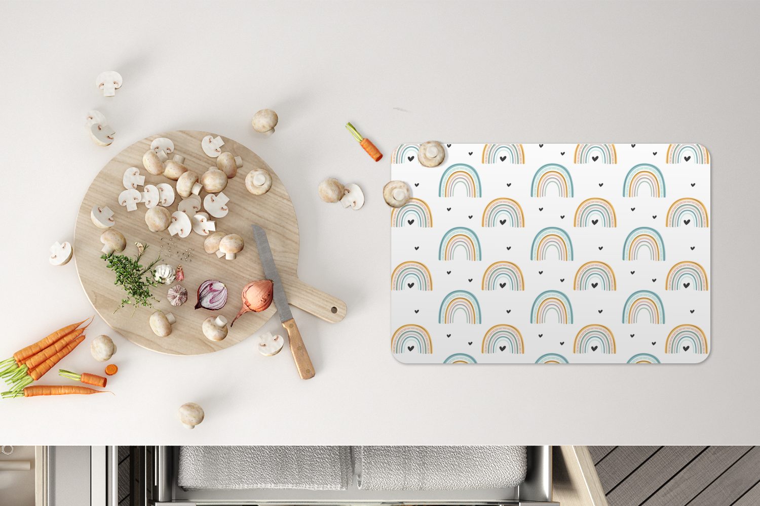Platzset, Kind Illustration mit einem Platzset, Tischmatten, und Herzen auf Regenbögen (6-St), MuchoWow, Platzdecken, Schmutzabweisend einem, Muster von Platzmatte