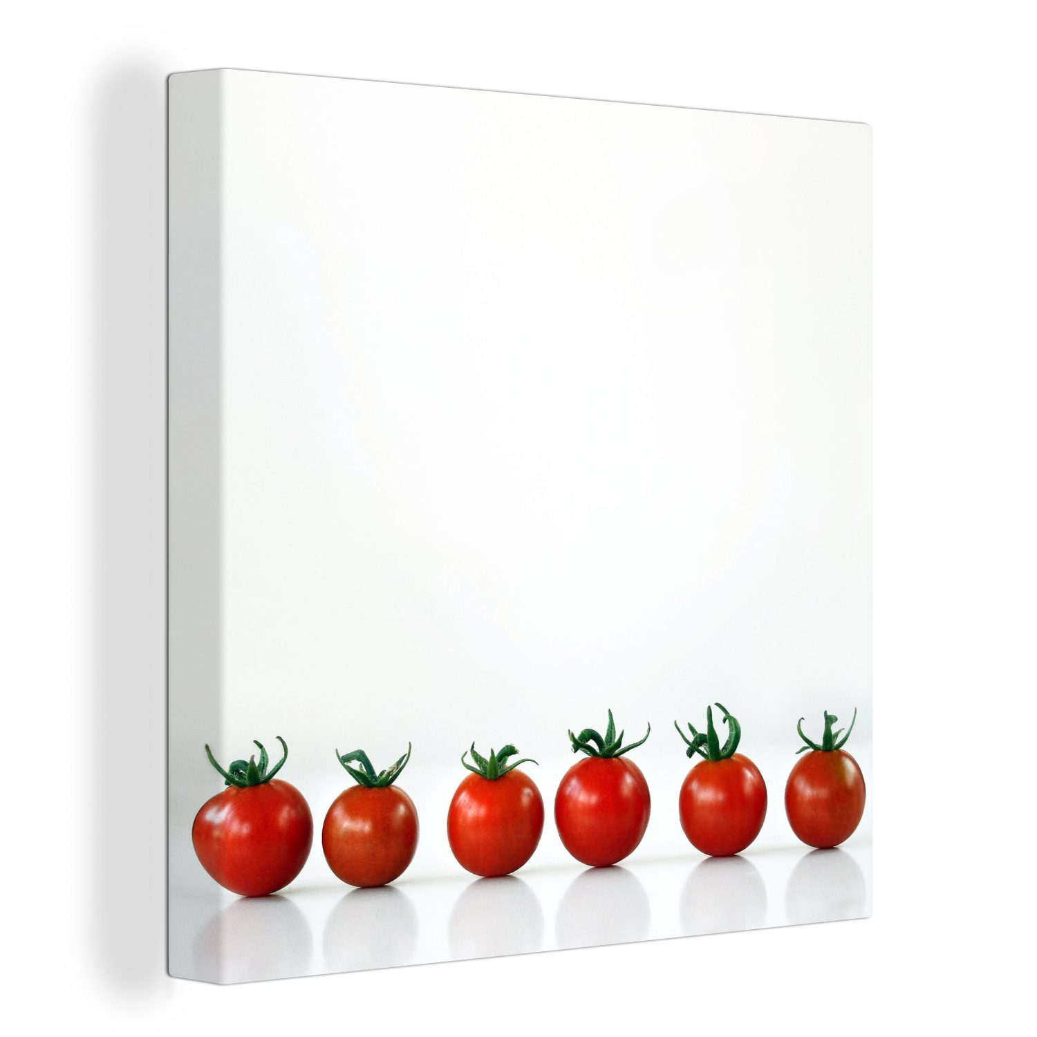 OneMillionCanvasses® Leinwandbild Kleine Tomaten in einer Reihe mit weißem Hintergrund, (1 St), Leinwand Bilder für Wohnzimmer Schlafzimmer